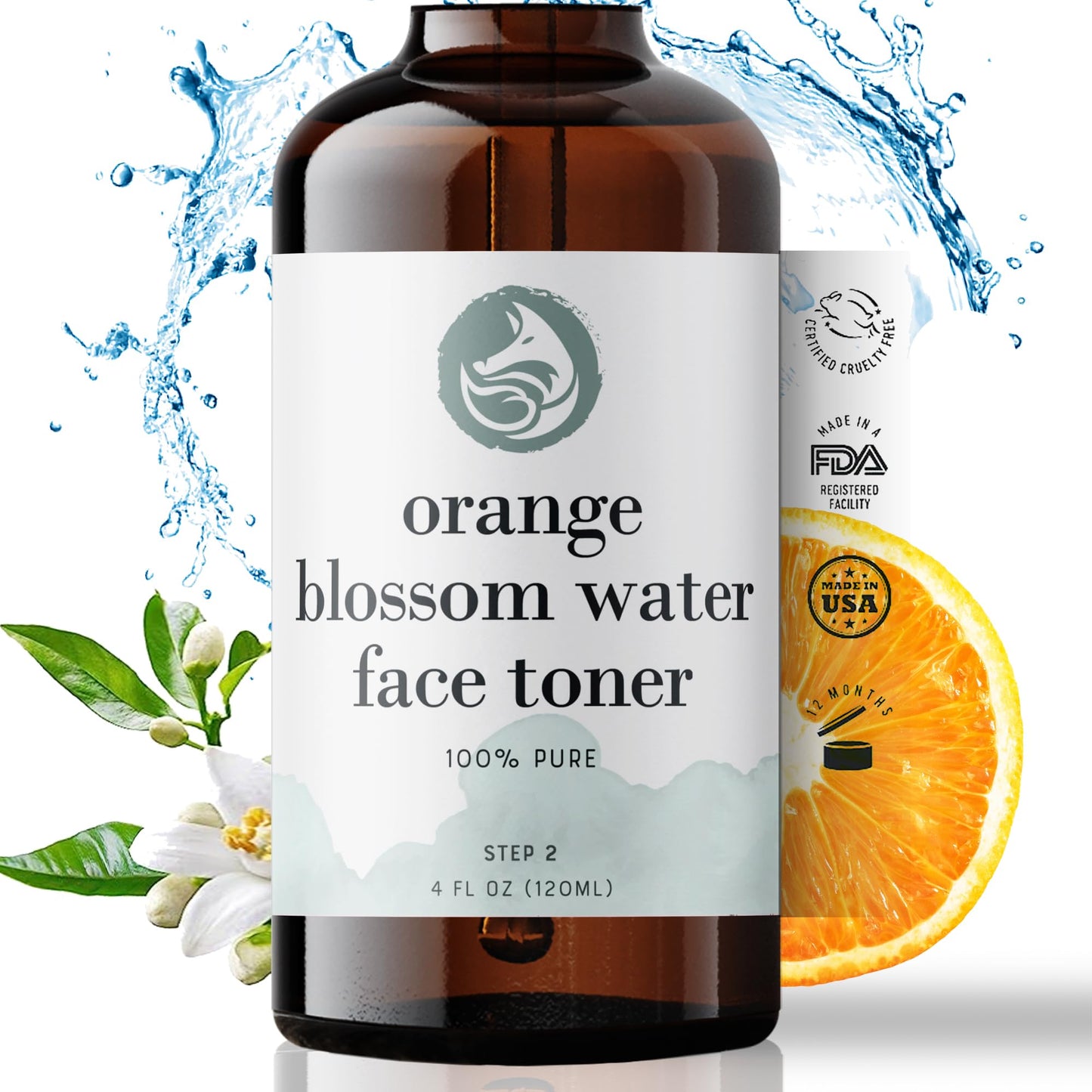 Orange Blossom Water Face Toner - Alcohol-Free Daily Facial Toner Spray 100% Natural for Sensitive Skin Acne and Breakouts - Best to Tone Tighten and Clear Pores - 120mL/4.oz by Foxbrim