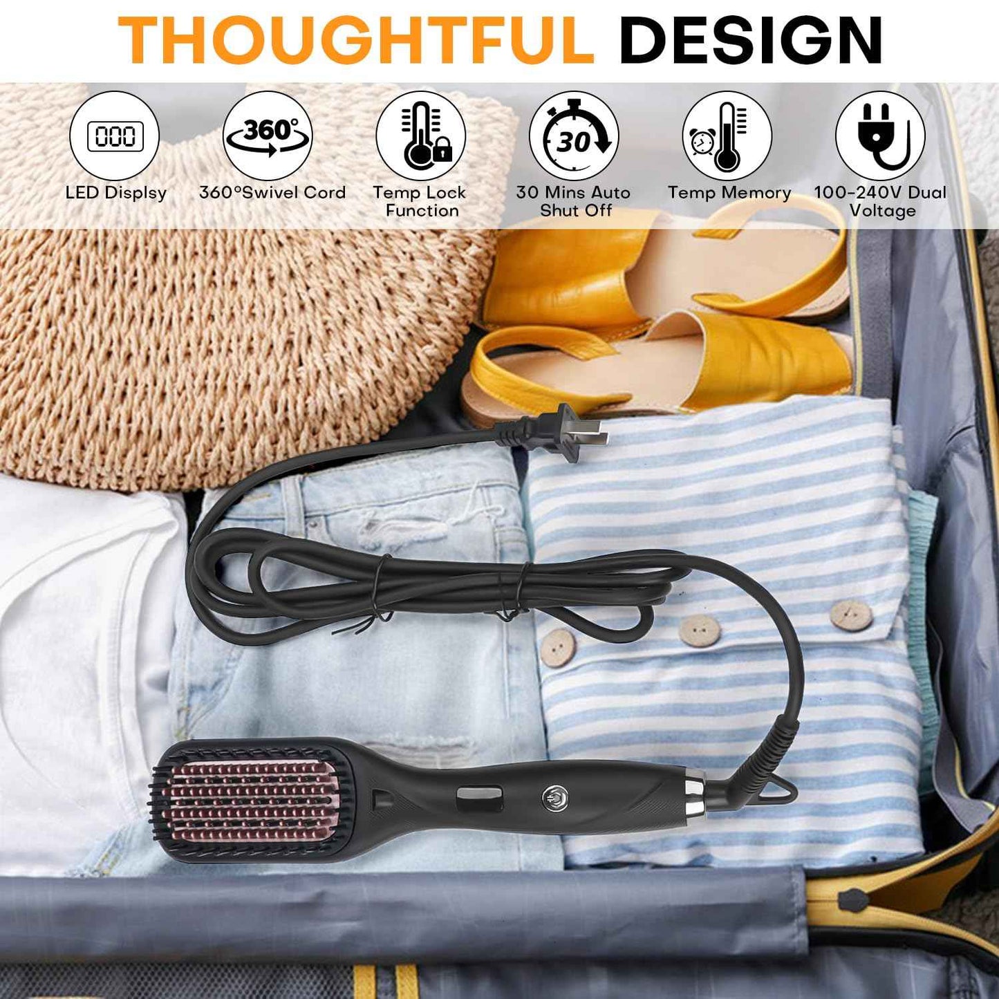 Hair Straightener Brush- Hair straighteners for Women, Ceramic Ionic Straightener Comb with Less Frizz | 20s Fast Heating | 2 in 1 Flat Iron Brush Dual Voltage Travel, Black