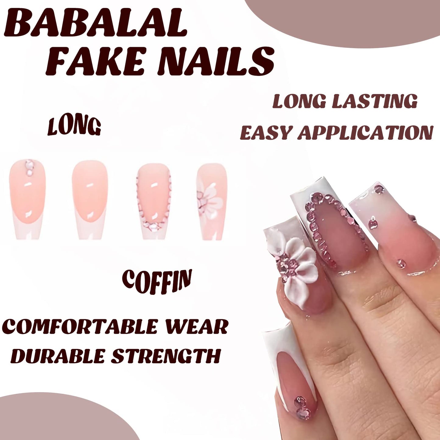 BABALAL Coffin Press on Nails Long Fake Nails White French Tip Glue on Nails Pink Rhinestone Acrylic Nails Flower Ballerina Spring Stick on Nails for Women and Girls 24Pcs