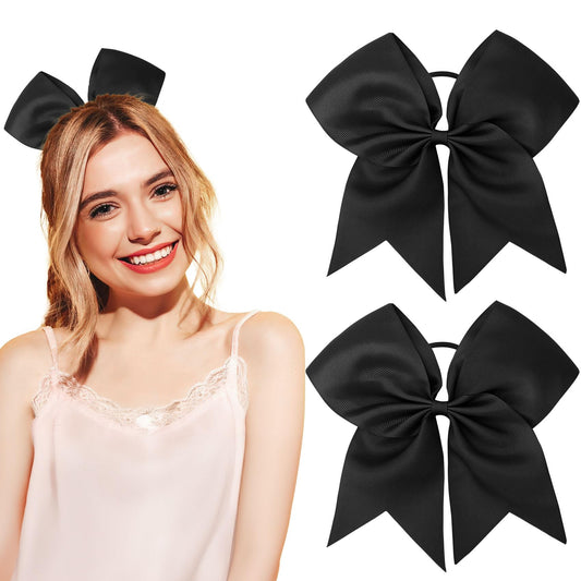 2 PCS Large Black Cheerleading Bows with Ponytail Holder Elastic Band for Girls' Hair