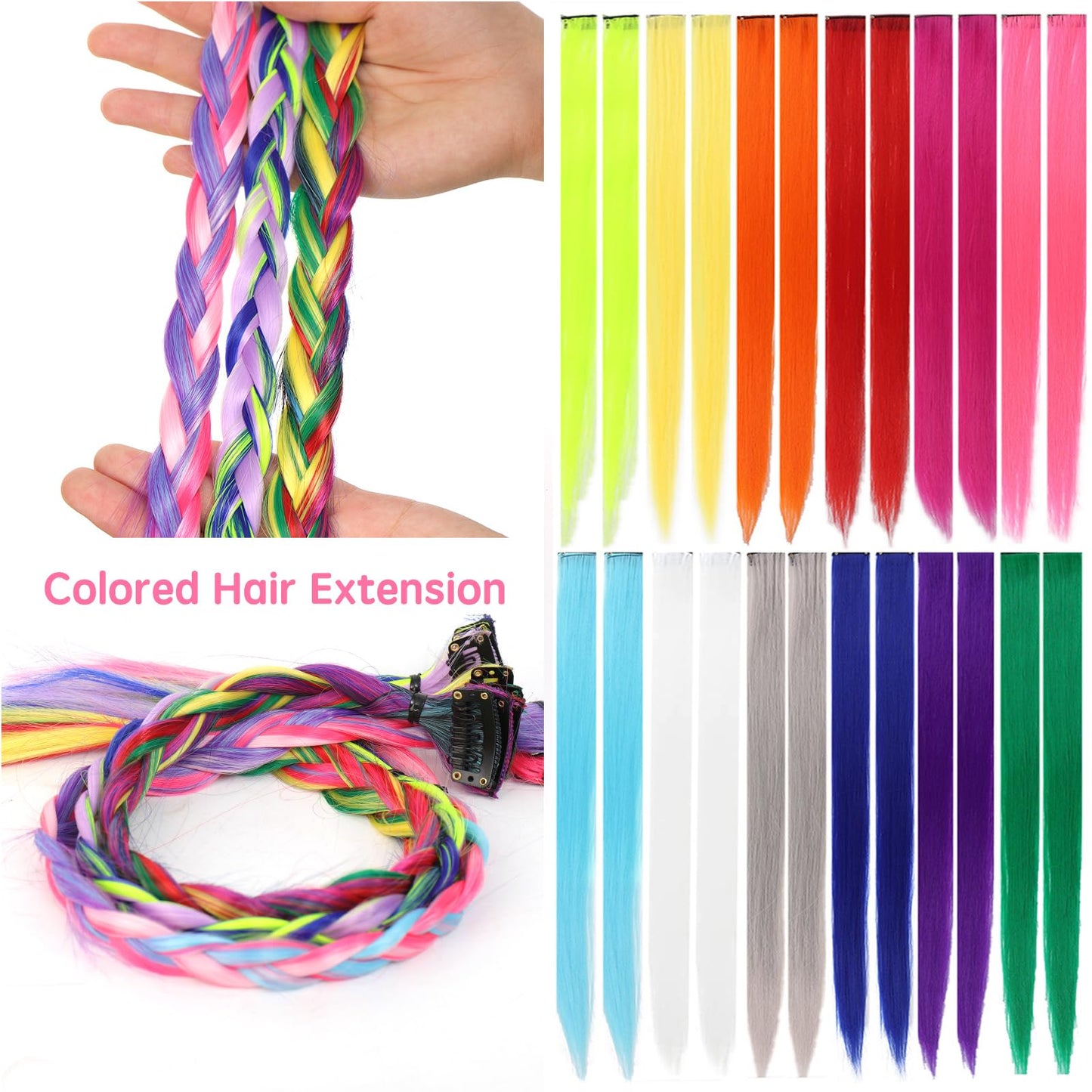 eastsecret 12 Pcs Colored Hair Extensions Party Highlights Colorful Clip in Hair Extensions 20 Inch Long Straight Synthetic Hairpieces for Women Kids Girls Halloween Christmas Cosplay Green