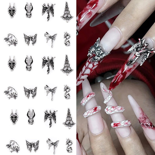 24Pcs 3D Halloween Nail Charms Skull Nail Art Charms Punk Metal Vintage Nail Jewelry Accessories for Halloween DIY Nail Art Craft Decoration Supplies