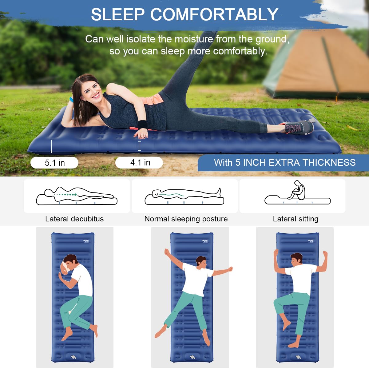 HiiPeak Sleeping Pad for Camping- Ultralight Inflatable Sleeping Mat with Built-in Foot Pump & Pillow, Upgraded Compact Camping Air Mattress for Camping, Backpacking, Hiking (Navy Blue)