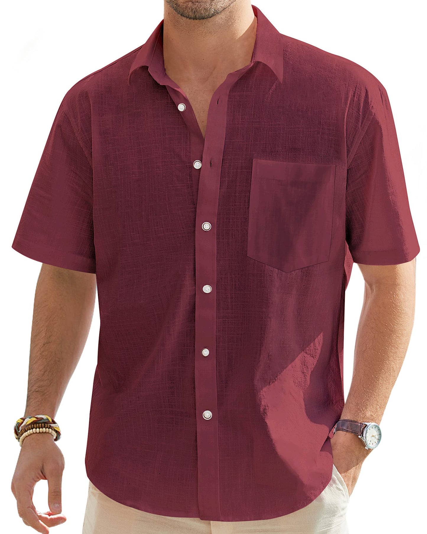 J.VER Men's Casual Button Up Linen Shirt Solid Short Sleeve Work Shirt Loose Fit Vacation Tees with Pocket Burgundy Medium