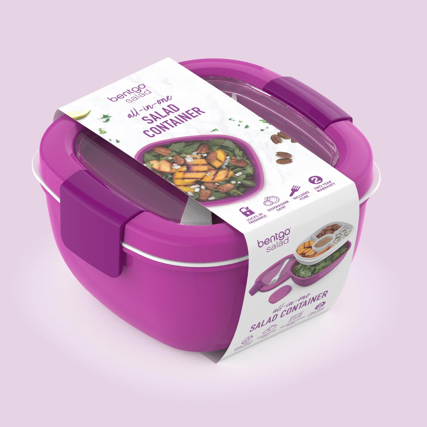 Bentgo All-in-One Salad Container - Large Salad Bowl, Bento Box Tray, Leak-Proof Sauce Container, Airtight Lid, & Fork for Healthy Adult Lunches; BPA-Free & Dishwasher/Microwave Safe (Purple)