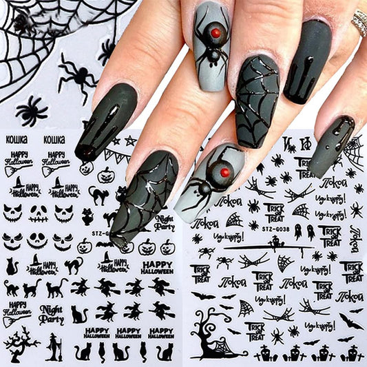 6 Sheets Halloween Nail Stickers Spider Ghost Pumpkin Cross Nail Art Decals Black and Golden Letter Nail Designs for Women Girls Kids 3D Self-Adhesive Nail Supplies Decoration for Halloween