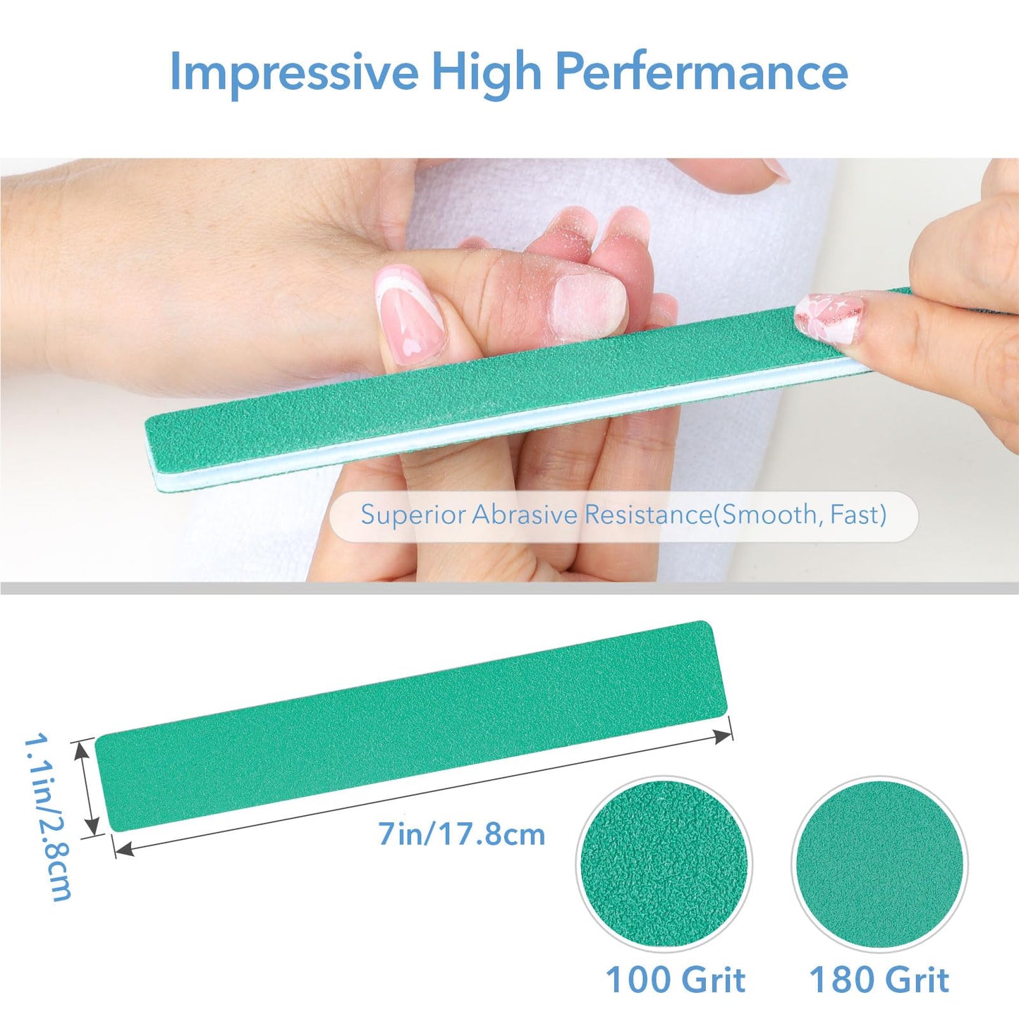 GazePlus Nail File, 50 Pcs Nail Files 7" Long 100/180 Grit for Acrylic Nails Gel Nails Dip Powder Nails Poly Gel Washable Reusable Double Sided Buffering