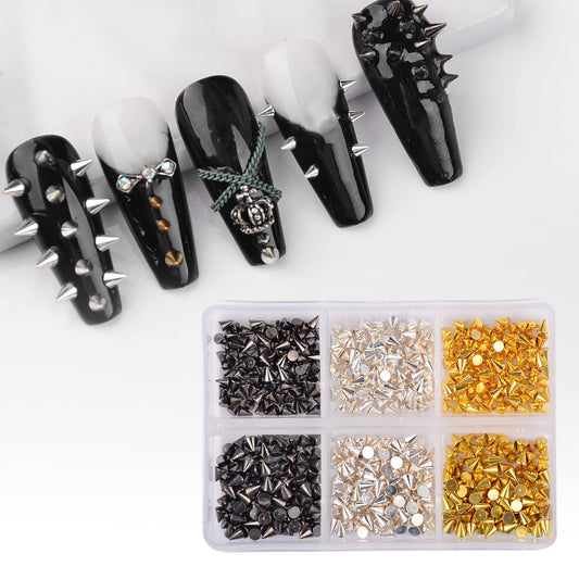 Katfan 600Pcs Nail Art Punk Cone Metalic Spike Studs Sliver Black Gold Nail Art Tiny Stick Nail Art Alloy Rivet Studs Nail Art Accessories for DIY Manicure Tips Craft