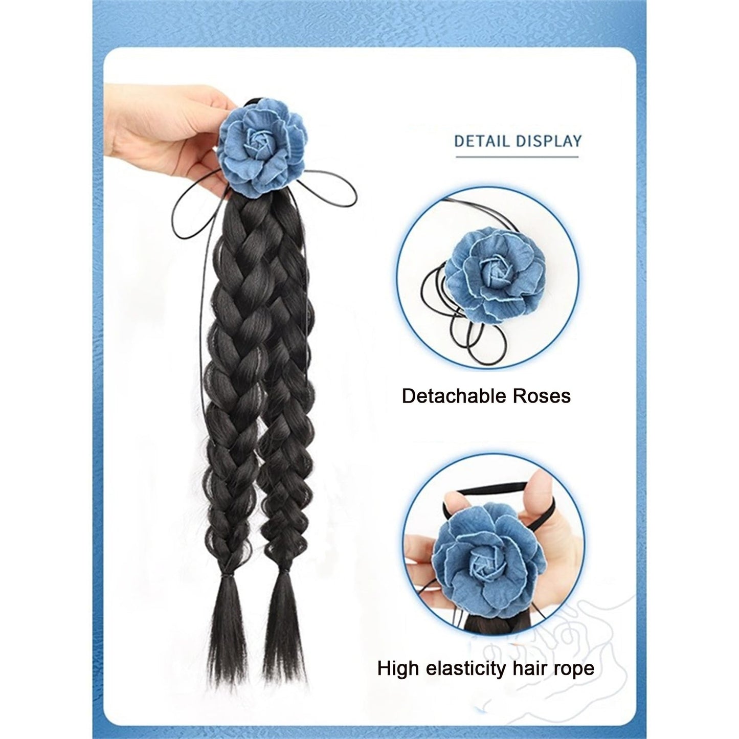 Braided Ponytails Rose Flower Braided Hair Extensions Synthetic Braid Wig with Elastic Hair Band Hairpieces for Women Girls 17.7 Inches Brown Black