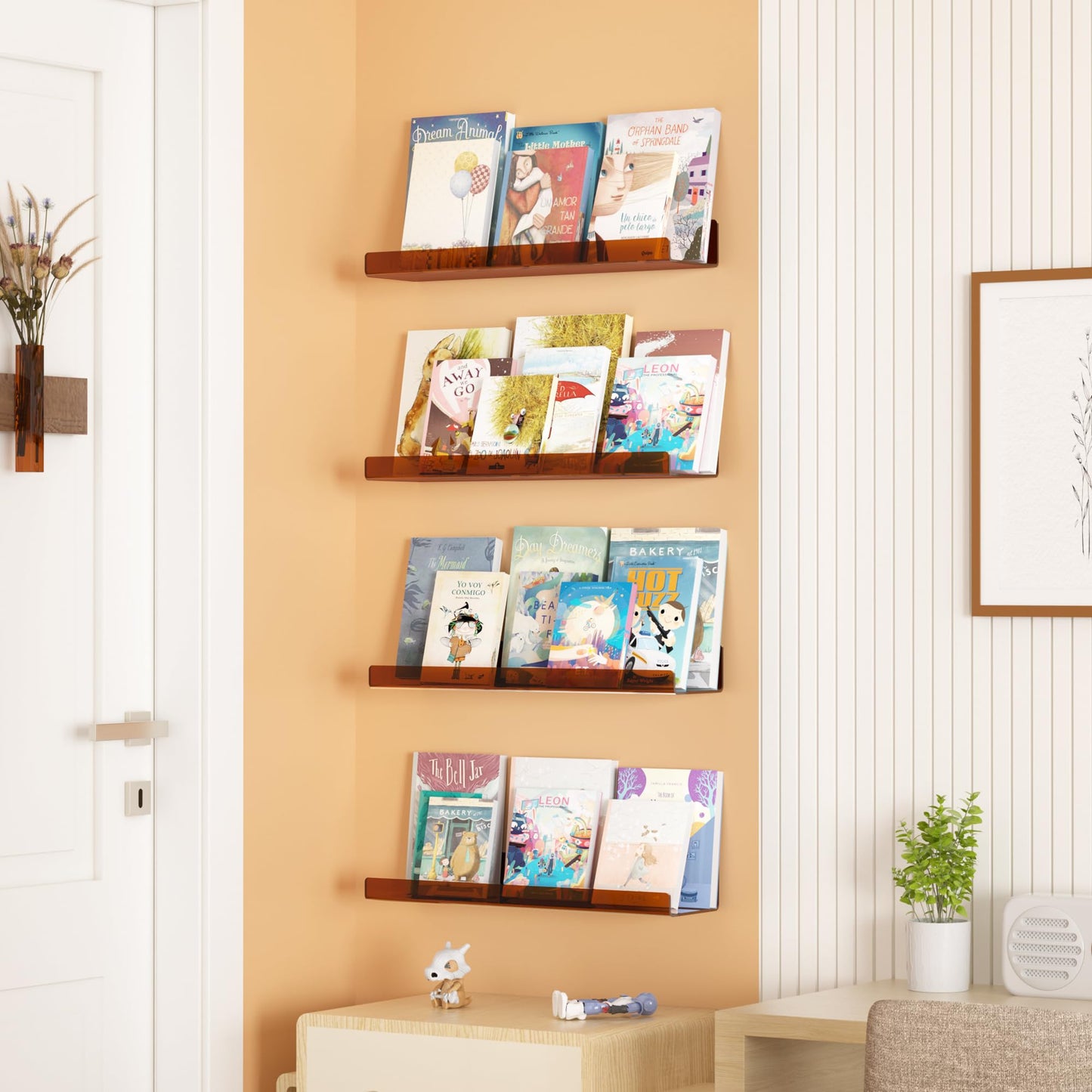 upsimples 4 Pack Acrylic Shelves for Wall Storage, 15" Floating Bookshelves for Kids, Display Shelf Organizer for Bathroom, Bedroom, Living Room, Kitchen, Room Decor, Clear Brown