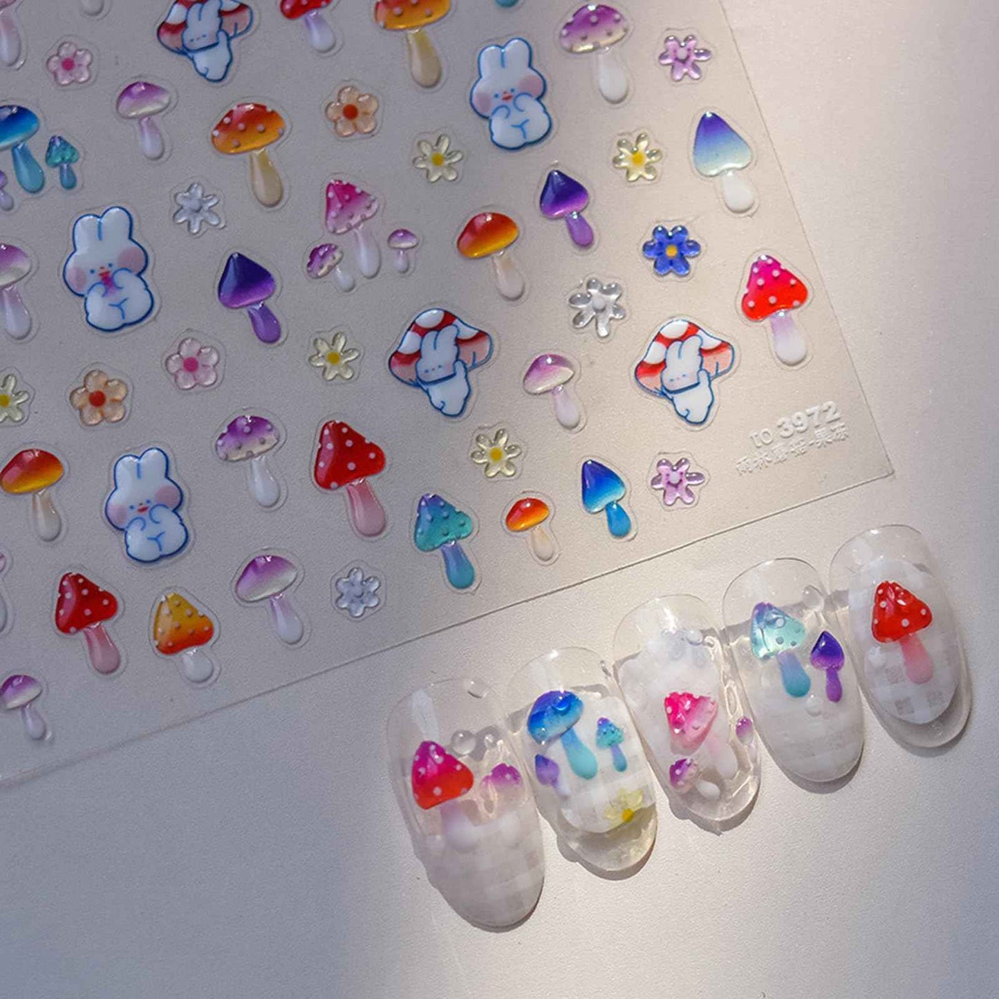 1 Sheet Cute Mushroom Nail Stickers Rabbit Flower Nail Art Decals 5D Jelly Sense Self-Adhesive Nail Design Stickers for Women DIY Spring Nail Art Supplies Acrylic Nails Accessories