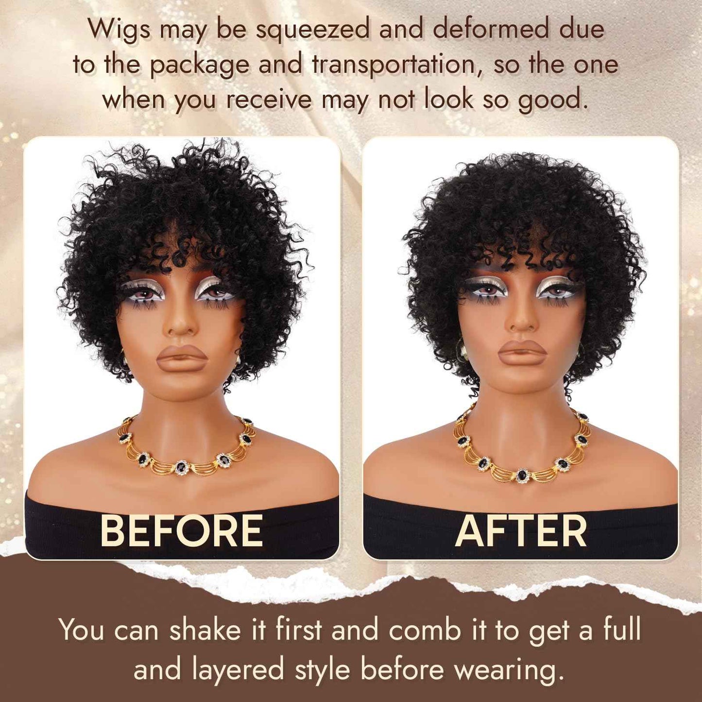 RUWISS Short Curly Human Hair Wig 10 Inch Brazilian Kinky Curly Wigs with Bangs for Black Women - Wear and Go Glueless Short Wig, ZF-003 Black Brown