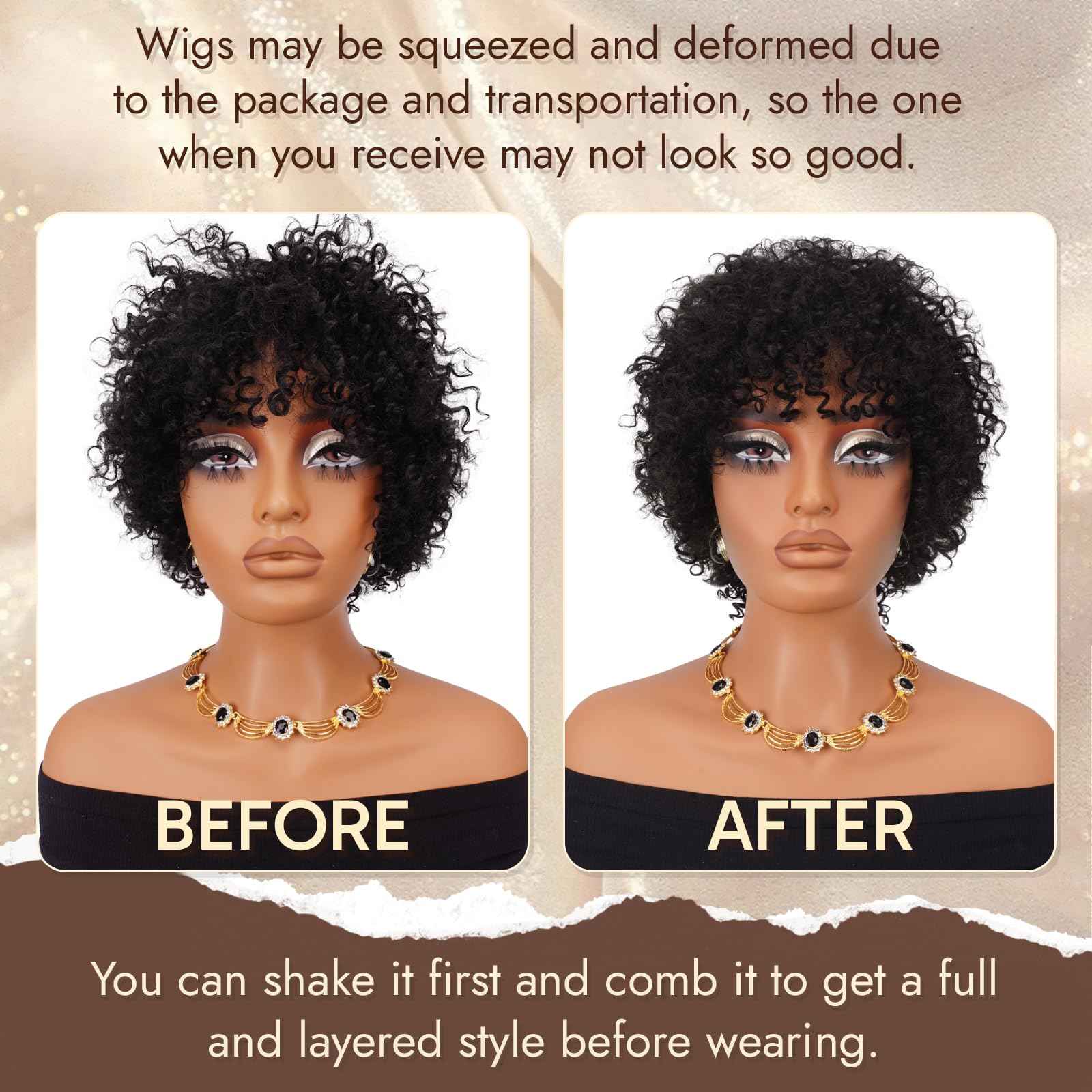 RUWISS Short Curly Human Hair Wig 10 Inch Brazilian Kinky Curly Wigs with Bangs for Black Women - Wear and Go Glueless Short Wig, ZF-003 Black Brown