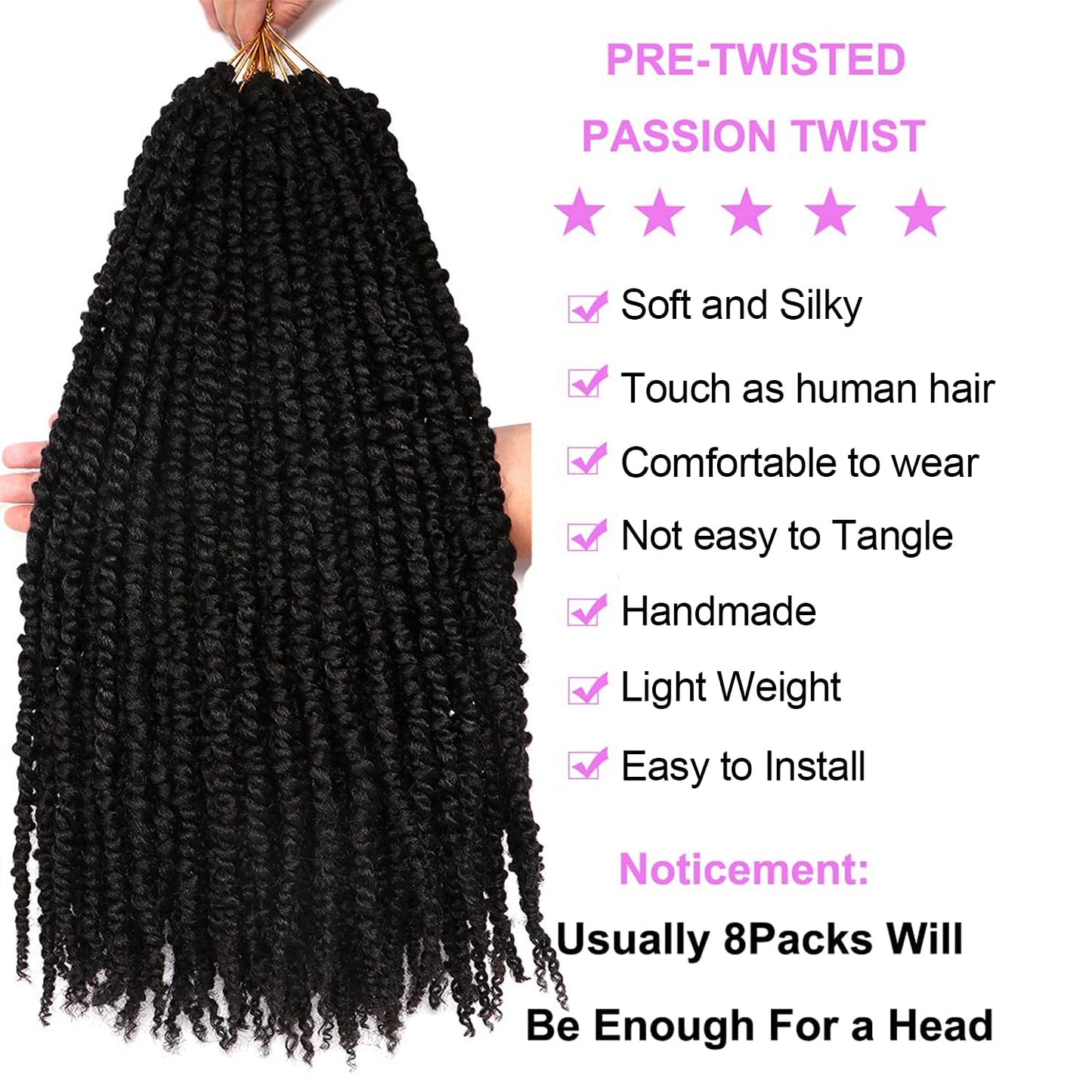 8 Packs Passion Twist Crochet Hair 20 Inch Prelooped Crochet Braids Pretwisted Spring Twist Crochet Hair for Black Women (20 Inch (Pack of 8), 1B#)