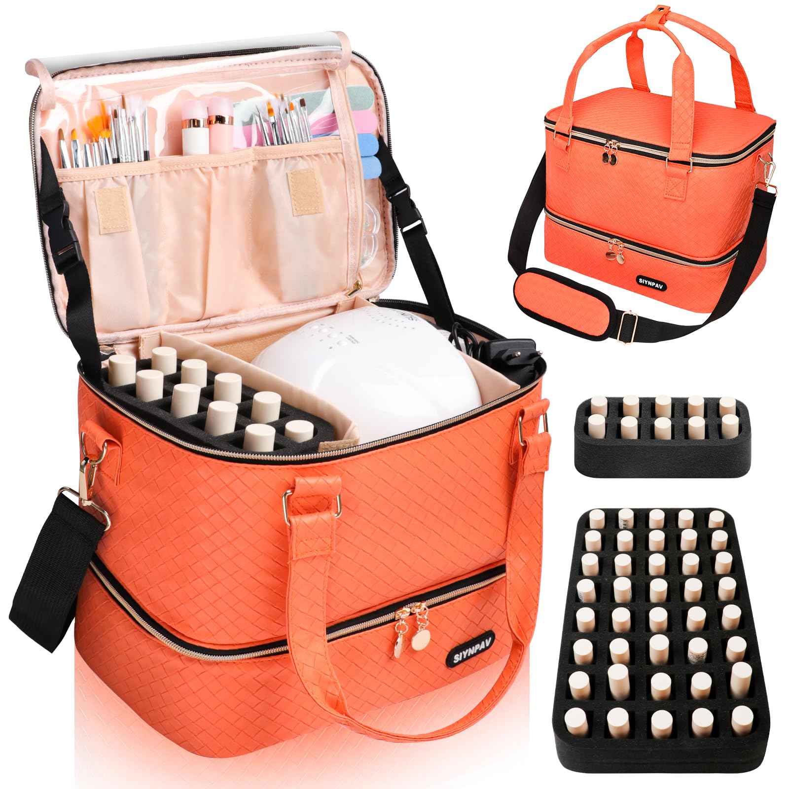 SIYNPAV Nail Polish Organizer Bag Holds 50 Bottles (15ml/0.5 fl.oz)& Nail Lamp, Woven Leather Nail Kit Storage Case with Holder Staps, Portable Nail Supplies Organizer for Manicure Tools (Orange)
