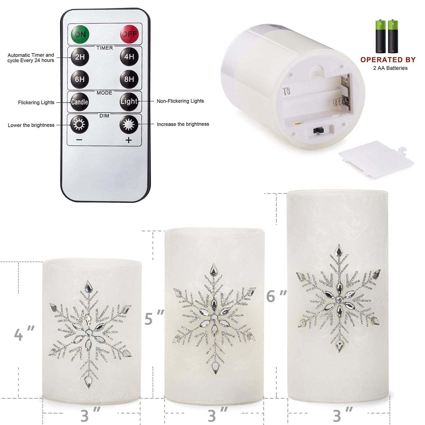 MELTONE Christmas Snowflake LED Candles Real Wax Flickering Glass Flameless Candles with Remote - Home Bedroom Party Holiday Decorations - Set of 3