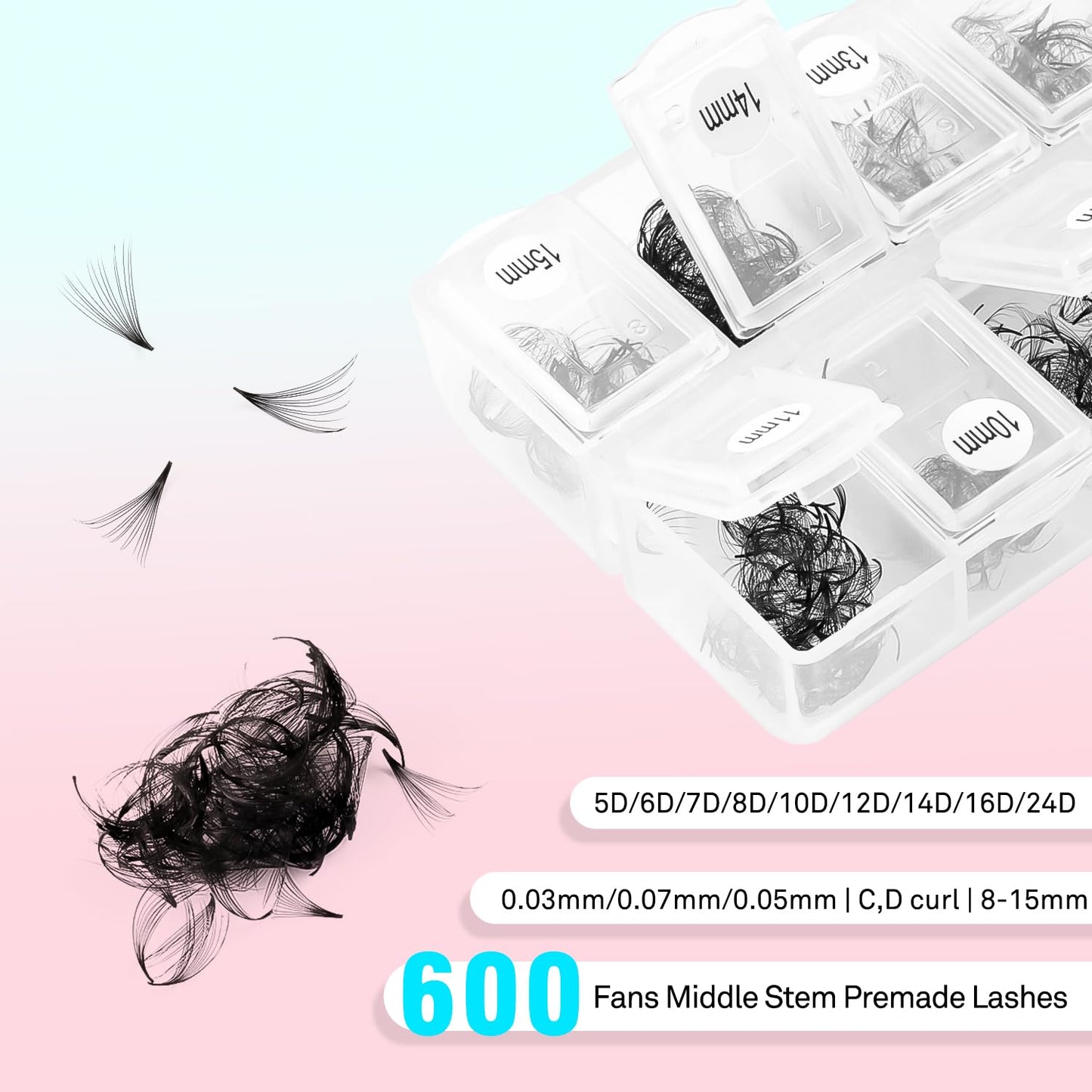 VAVALASH 600 Fans Premade Fans Eyelash Extensions 5D 6D 7D 8D 10D 12D 14D 16D 24D Premade Lash Fans 8-15mm Mixed Length Promade Loose Fans Thin Base Premade Volume Lash Extension(24D-0.03-C-8-15mm)