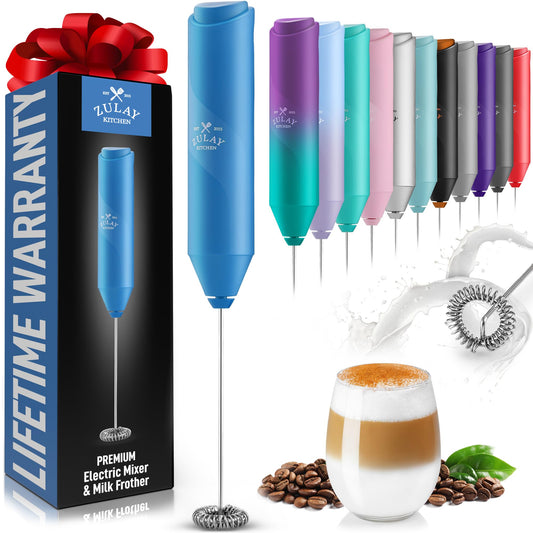 Zulay Kitchen Powerful Milk Frother Wand - Mini Milk Frother Handheld Stainless Steel - Battery Operated Drink Mixer for Coffee, Lattes, Cappuccino, Matcha - Froth Mate Milk Frother Gift - Blue