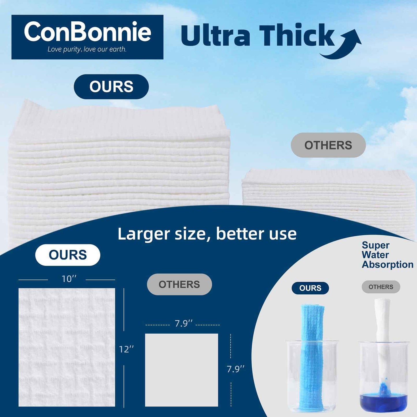 Conbonnie Clean Face Towels XL, 10"×12" Biobased Facial Towels, Disposable Face Towelette, Makeup Remover Dry Wipes, Extra Thick and Soft for Skin Care, Clean Skin, 200 Count (4 Pack)