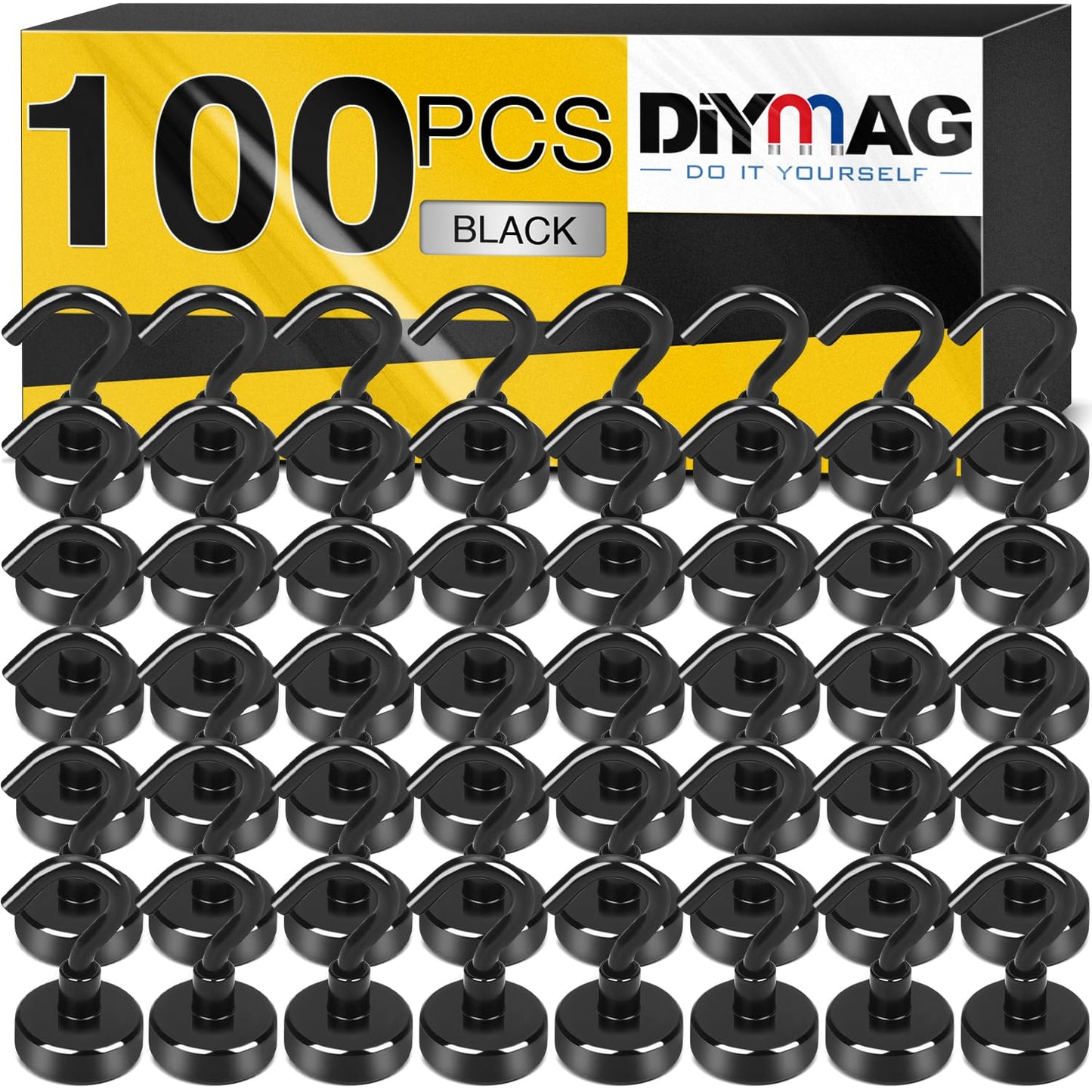 DIYMAG Magnetic Hooks, 25Lbs Strong Heavy Duty Cruise Magnet S-Hooks for Classroom, Fridge, Hanging, Cabins, Grill, Kitchen, Garage, Workplace and Office etc, (100 Pack-Black)