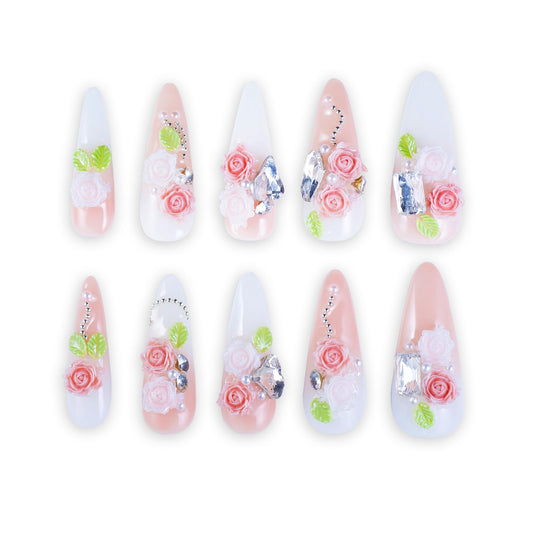 THCEVRLA Handmade Press On Nail Nails Medium Long Pink Flowers Almond Oval Fake Tip 3D Gel Design Art Charms Cute with Storage Box 10 Pcs Women's gift (S, Pink Garden)