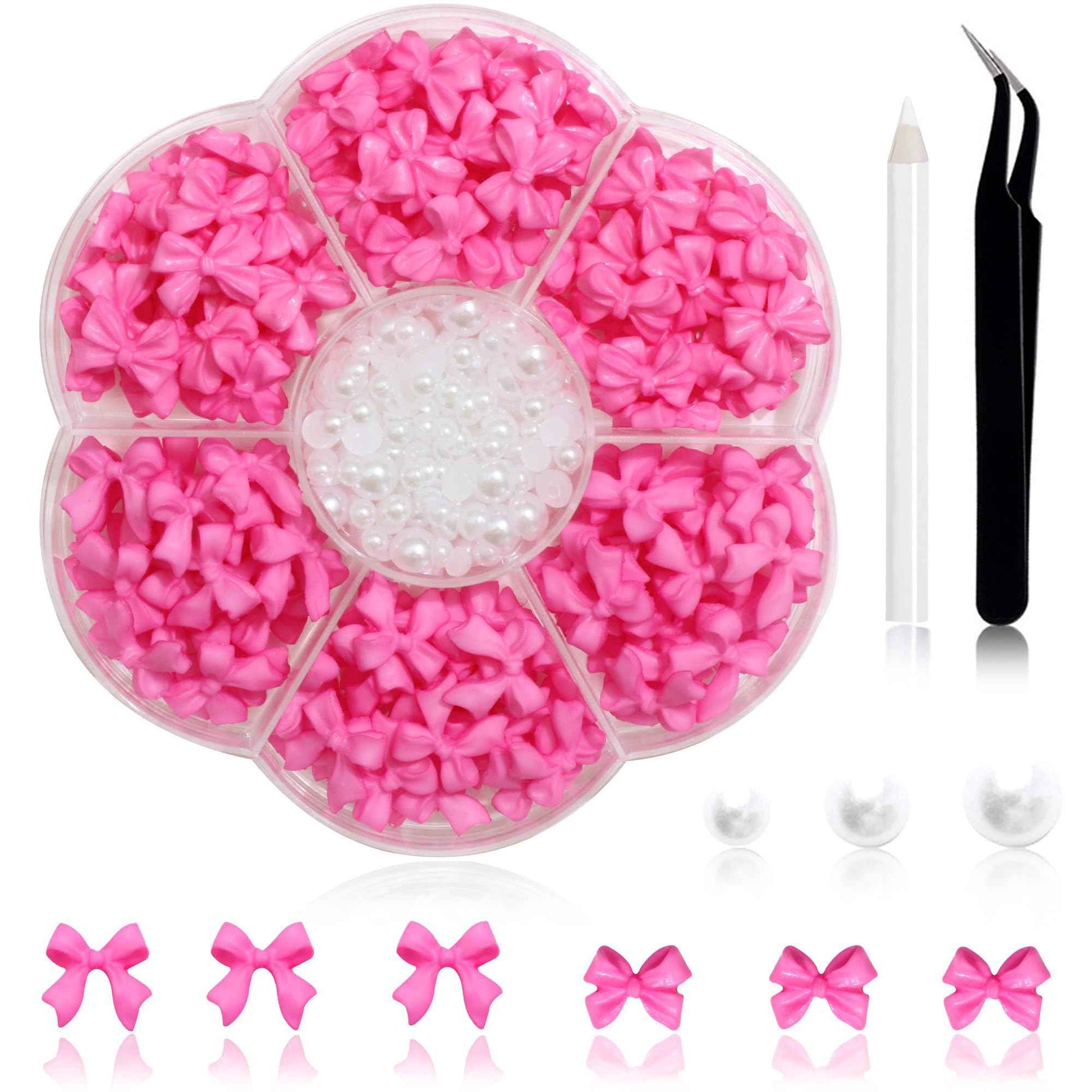 300Pcs Bow Nail Charms and Flatback Pearls,Rose Red Bowknot 3D Cute Nail Charms for Acrylic Nail Supplies Design,3-5mm White Half Pearls for Nail Jewelry DIY Crafts Nail Art Decoration Accessories