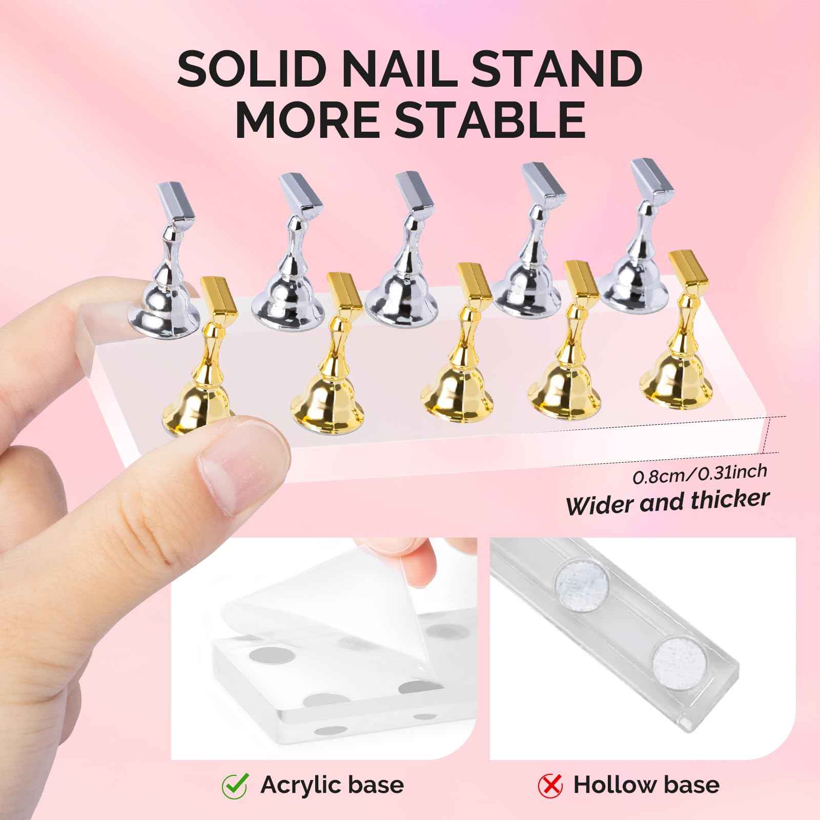 MelodySusie Nail Stand for Press Ons, Big Transparent Acrylic Magnetic Base for Painting Display with Brush Holder and 100 Pcs Reusable Double-Sided Tape for Home DIY Salon Supplies