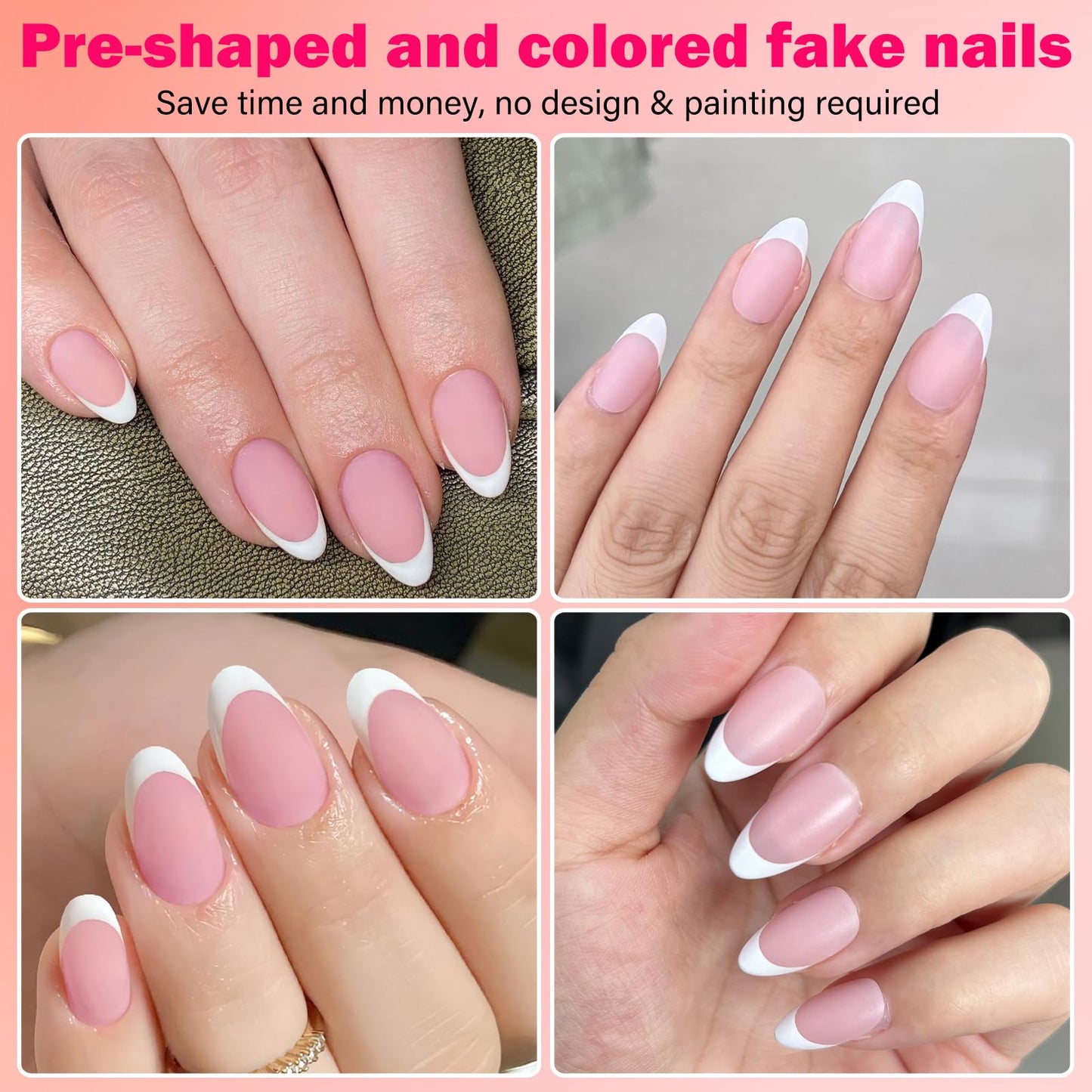 AddFavor French Tip Press on Nails Short Almond Fake Nails, 240pcs White French Nails Press on Almond Matte Pale Pink Acrylic Nails with Adhesive Tabs for Women