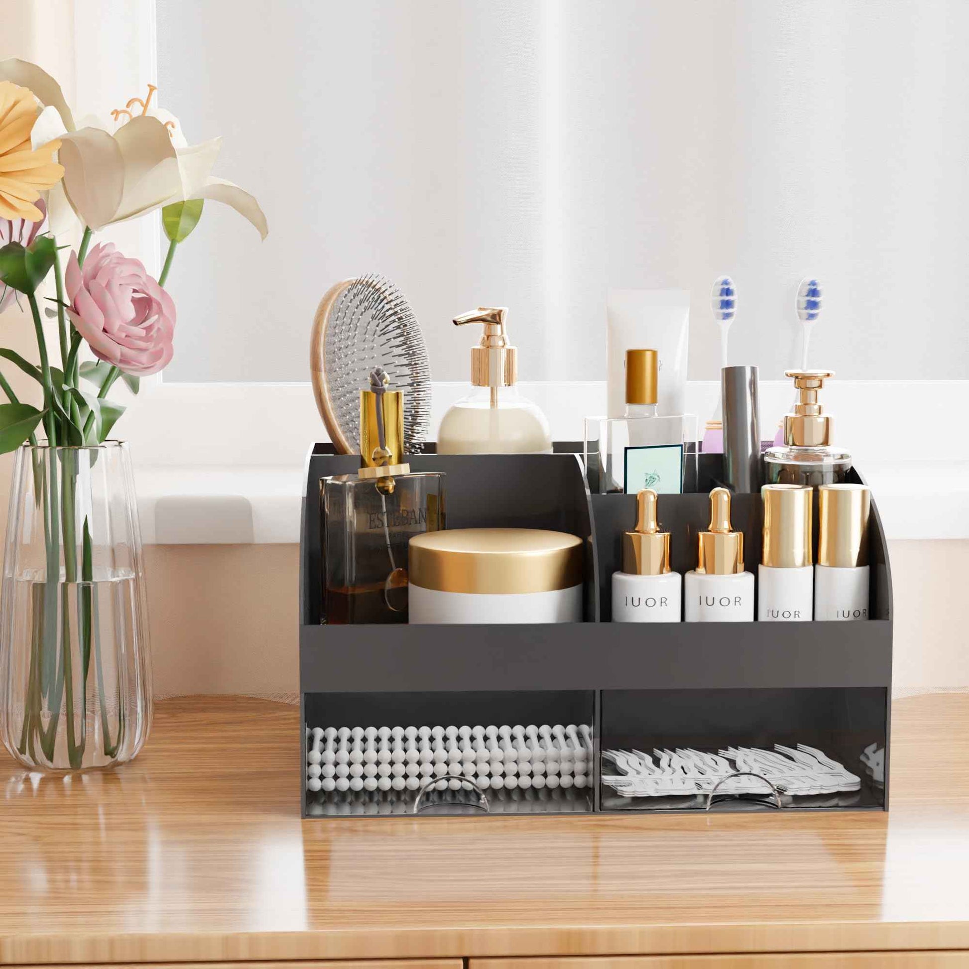 Makeup Organizer with Drawers, Cosmetic Storage for Dresser Vanity and Bathroom Countertop, Beauty Holder for Lipstick Brush, Skincare Organizer for Vanity, Cosmetic Display Case (Black)