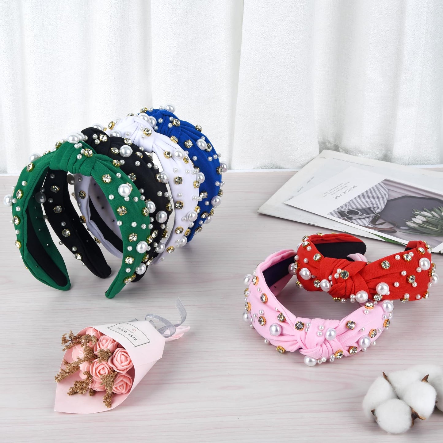 UNOOSO Pearl headbands for women Rhinestone jeweled Knotted headband Wide beaded headband Hair Accessories for all kinds of holiday Gifts (green)