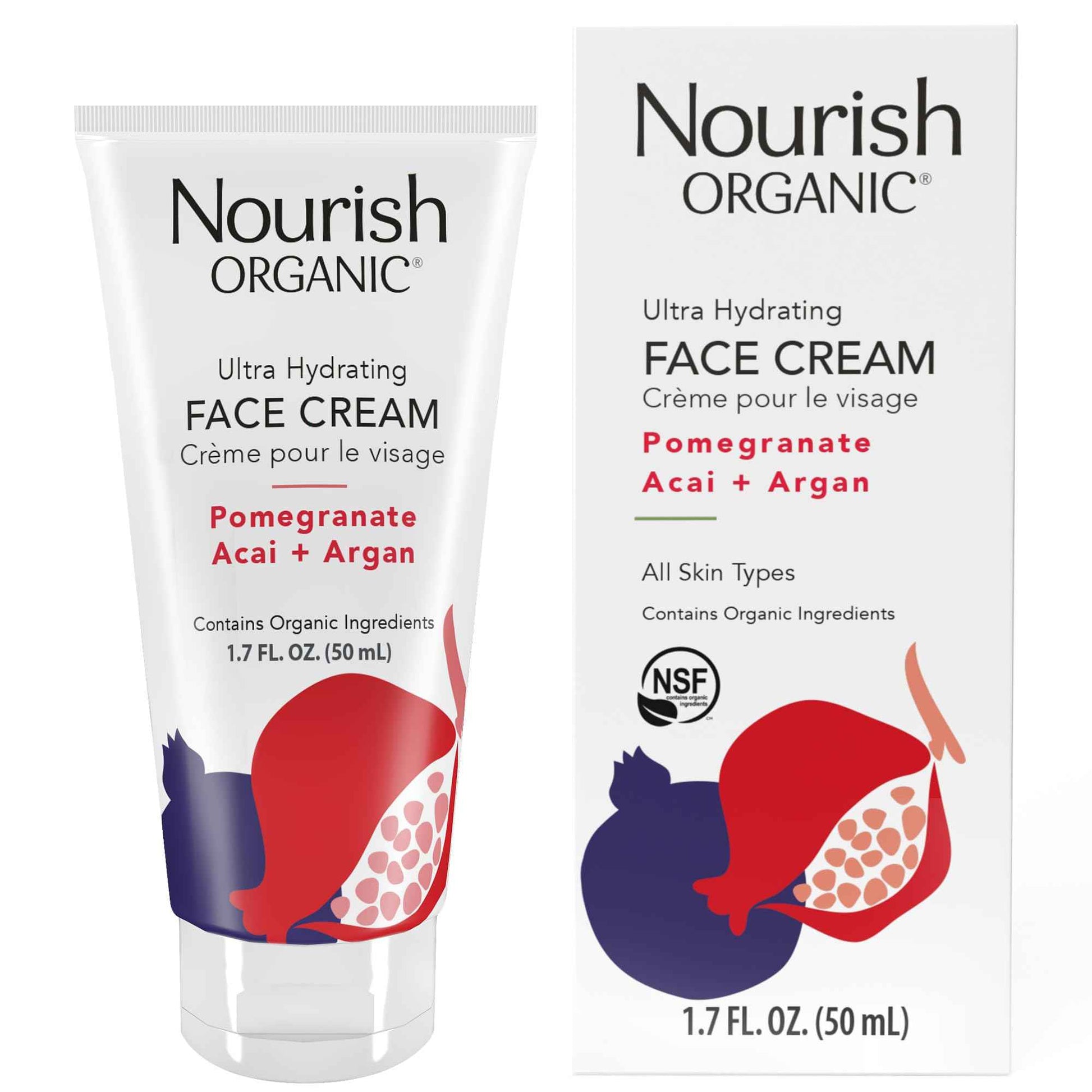 Nourish Organic Face Cream, Pomegranate Acai + Argan – Ultra Hydrating Formula with Aloe Vera & Green Tea Extract, 1.7 Oz + Washable Cotton Round