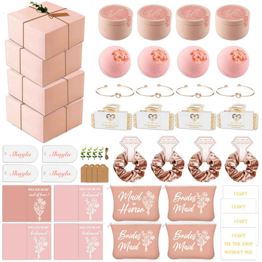 49pcs Bridesmaid Gifts Set Of 4 Pink， Maid of Honor Proposal Box Gift,Scented Candle Salt Ball Makeup Bag Rectangular Hair Clip Bridesmaids Scrunchies Knot Bracelet Bridal Shower Wedding Party
