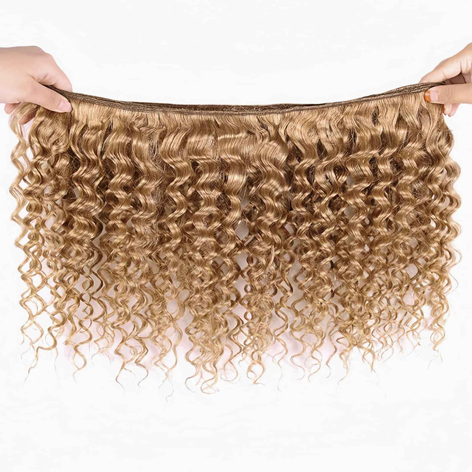 Honey Blonde Deep Wave Bundles Color #27 Brazilian Hair 10 12 14 Inch 3 Bundles Double Weft Defined Curly Deep Wave Extensions Soft and Bouncy for Black Women