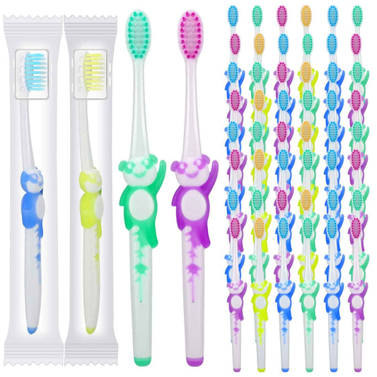 Bokon 100 Pcs Toothbrush for Kids Individually Wrapped Children Soft Disposable Manual Toothbrush Bulk Panda Travel with Bristle Rubber Handle for School Daycare Oral Hygiene