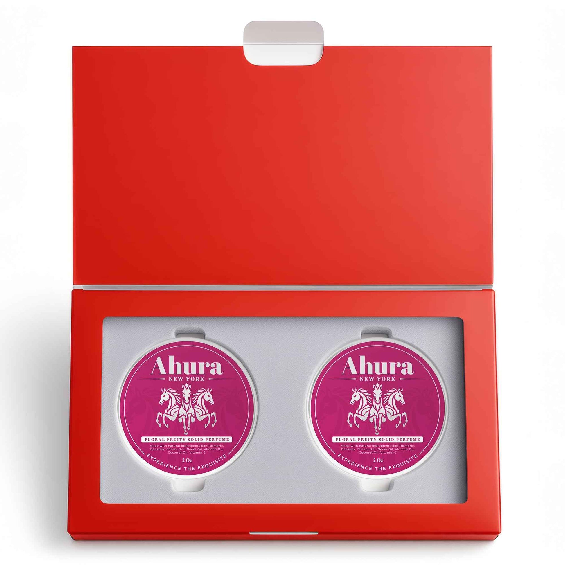 Ahura Herbal Natural Floral Eau de Parfum, Solid Perfume Balm, with notes of with Iris, Patchouli, Warm Vanilla & Spun Sugar, No Alcohol, Cruelty-Free, Sensual, 2 oz (2 Pack Holiday Gift Box)