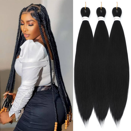 Black Braiding Hair, 26 Inch 3 Packs Long Pre Stretched Braiding Hair Itch Free Hot Water Setting Yaki Texture Crochet Braiding Hair Extension(1B#)