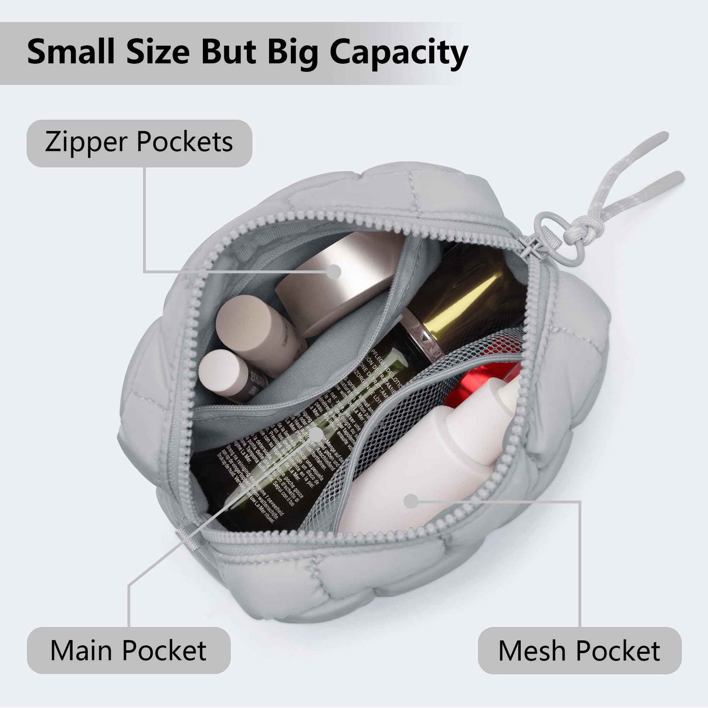 DOYOGI Quilted Cosmetic Bag, Puffer Makeup Bags, Crossbody Purses for women,Cute Travel Toiletry Bag for Women (Grey)