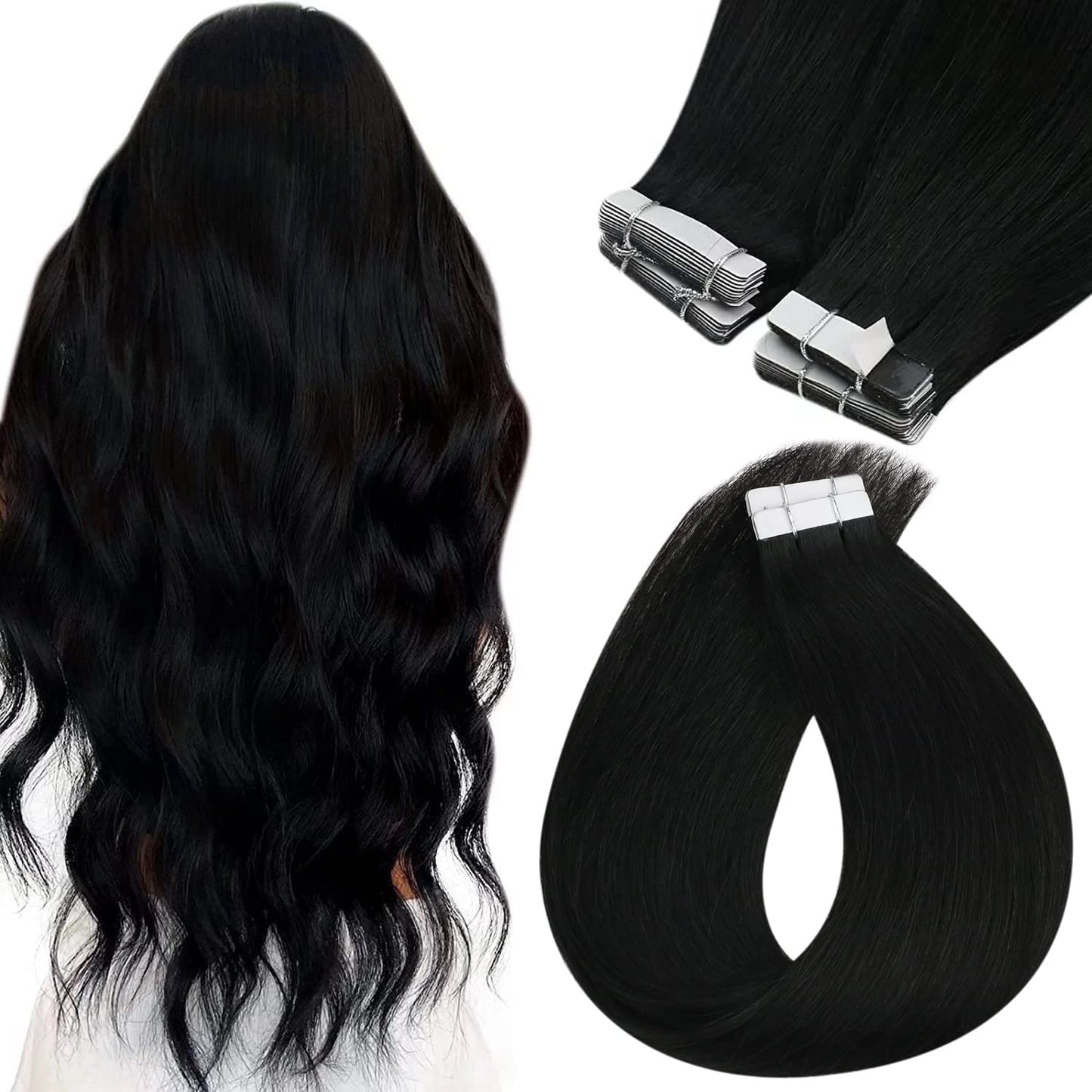 Sunny Black Tape in Hair Extensions Human Hair Jet Black Tape in Hair Extensions Real Human Hair Extensions Tape in Black Hair Extensions Real Human Hair 50g 20pcs 22inch