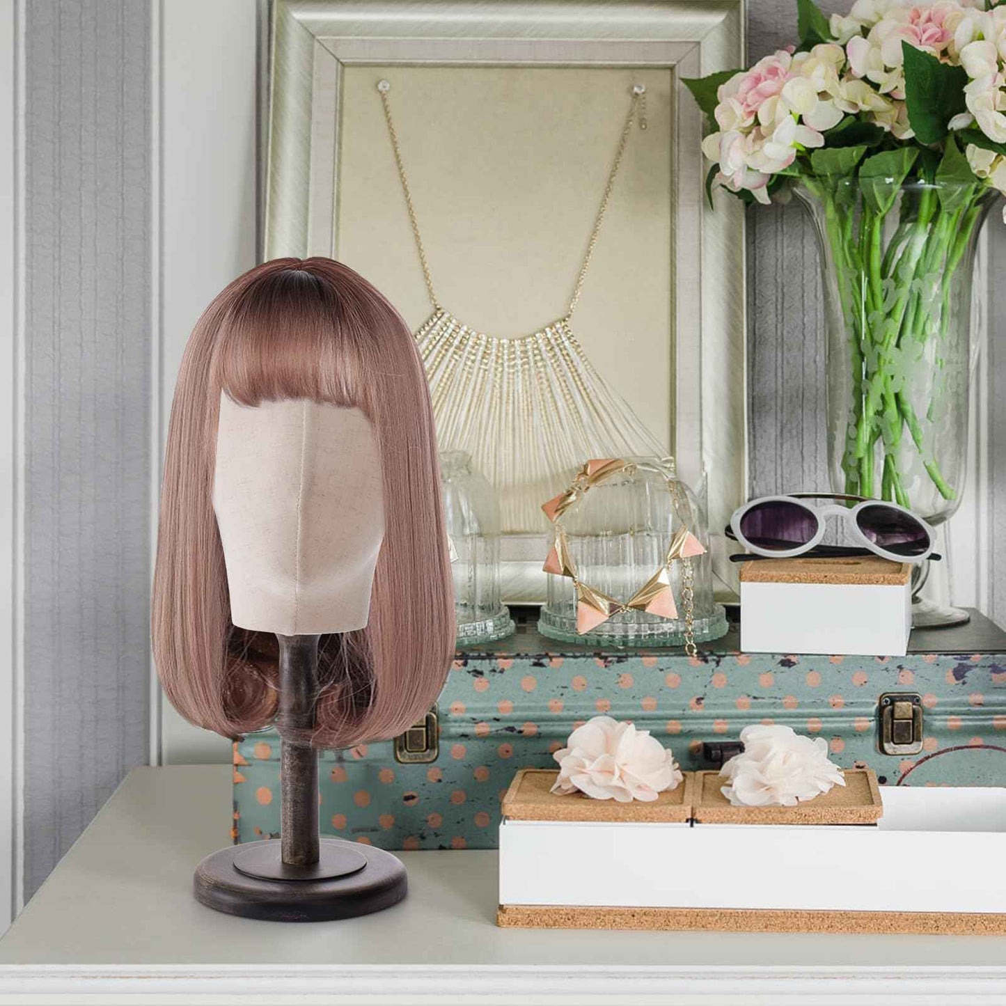 Peohud 21 Inch Mannequin Head, Canvas Wig Stand with Head, Linen Dome Model Head with Detachable Wood Stand for Hats, Caps, Headdress, Wig Making, Headband Display