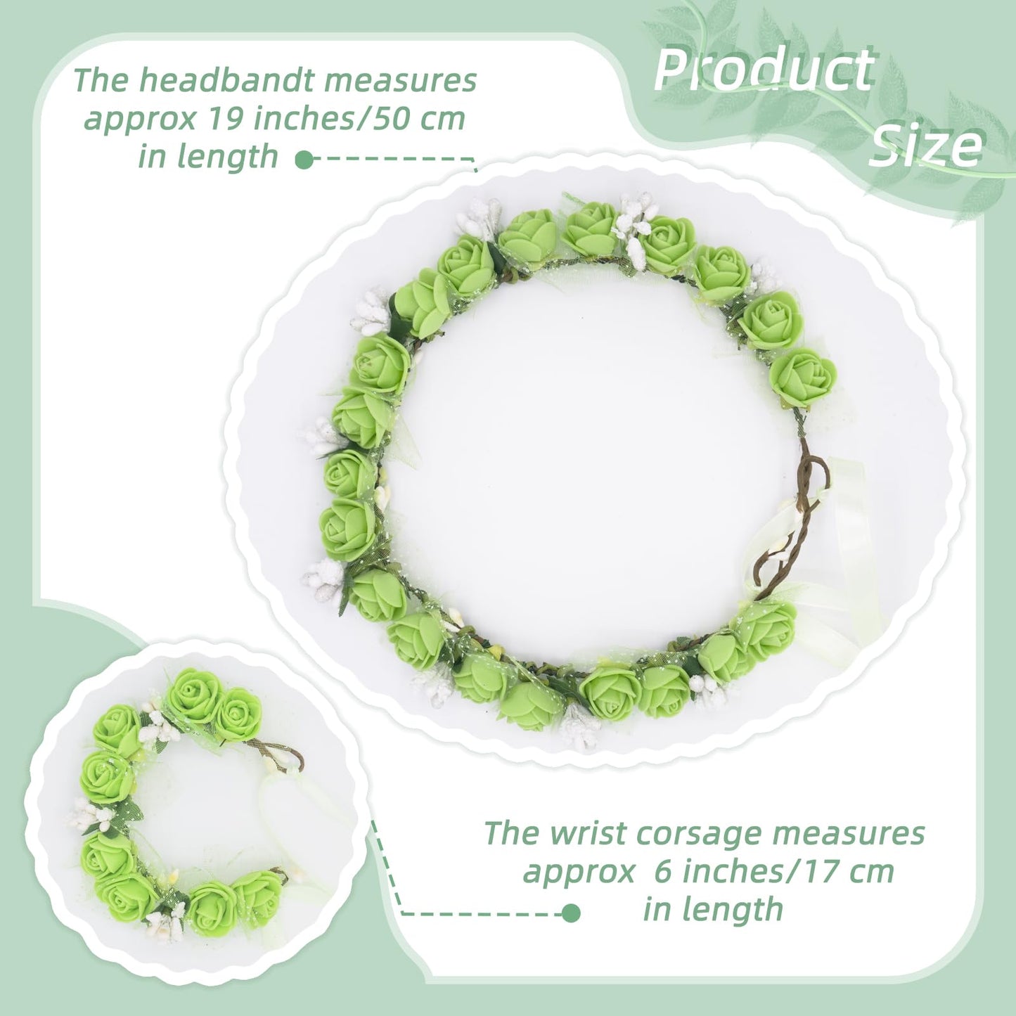 silllule Green Flower Crown Headband Wristband Floral Headpiece for Cosplay Party Spring Flower Crown Headwear Floral Hair Wreath Wristband Boho Headband Garland for Festival Wedding Photo Props