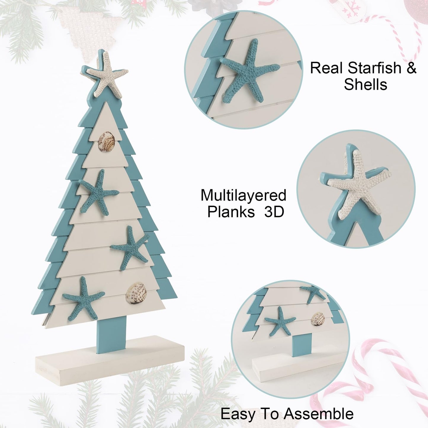 flangairy Coastal Christmas Tree, 14.4x7.9 Inchs Wooden Beach Themed Seashell Starfish Shell Small Christmas Tree Decorations, Indoor Beachy Ocean Xmas Holiday Table Mantle Shelf Home Decor