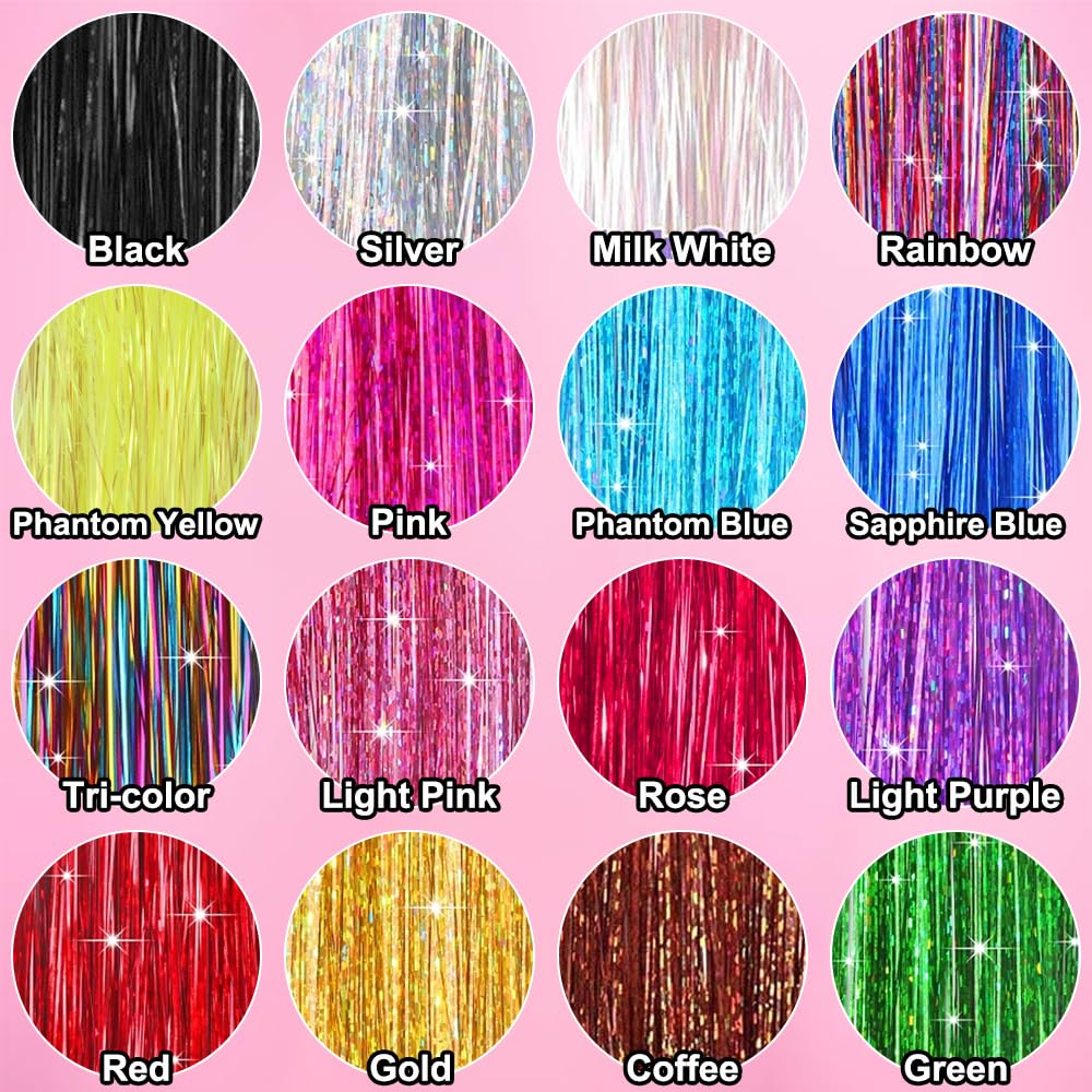 Gosuoa Pack of 8 Pcs Hair Tinsel Clip in, 19.6 Inch Heat Resistant Tinsel Hair Extensions Clip in, Sparkle Fairy Hair Tinsel Kit for Women Girls Hair Accessories (Multi 16Pcs)