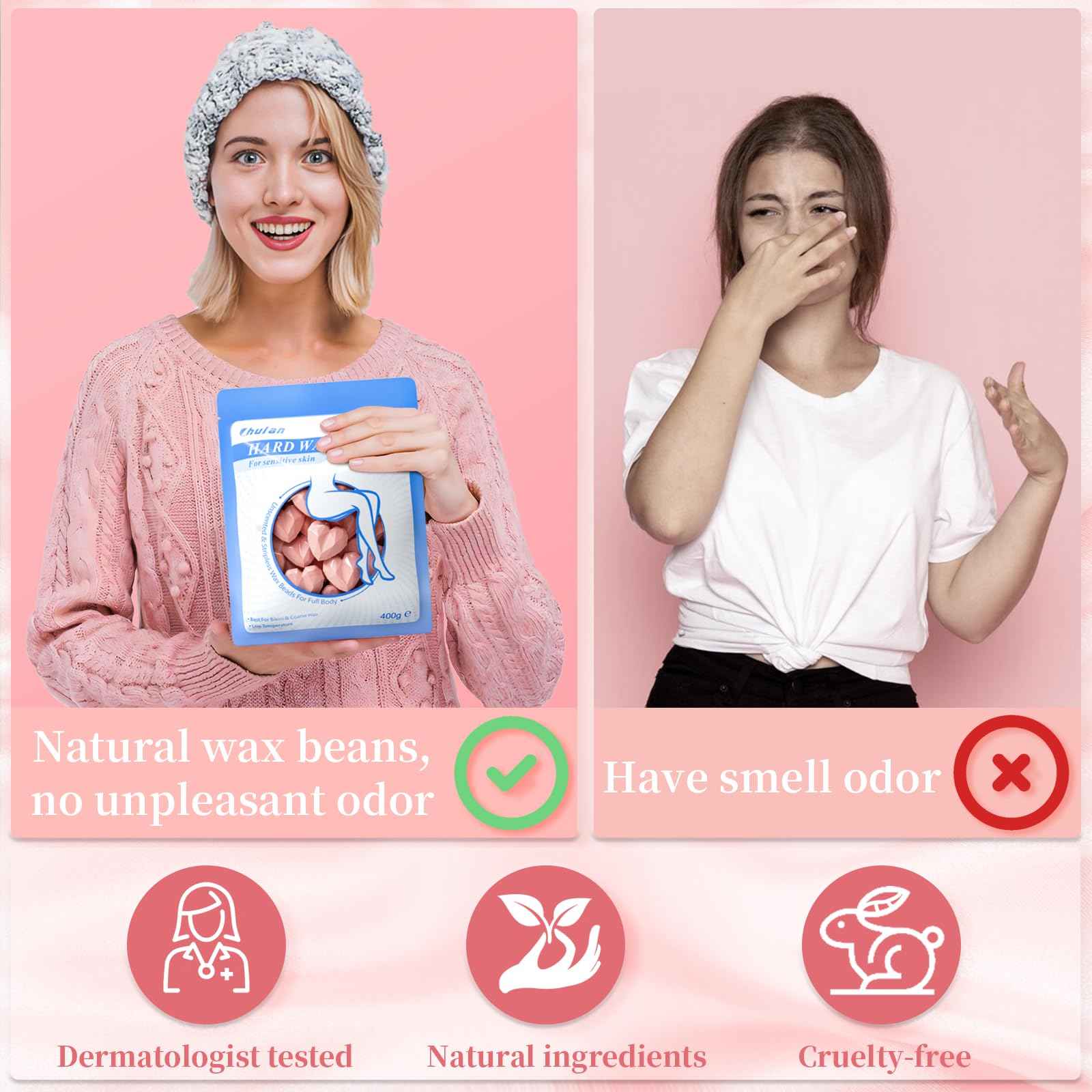 Chulan Hard Wax Beads, 1000g Heart Wax Beans for Sensitive Skin, Hypoallergenic Unscented Waxing Beads for Coarse Hair Removal, Body, Brazilian Waxing, Facial, Bikini, Legs, Armpits Women Home Pink