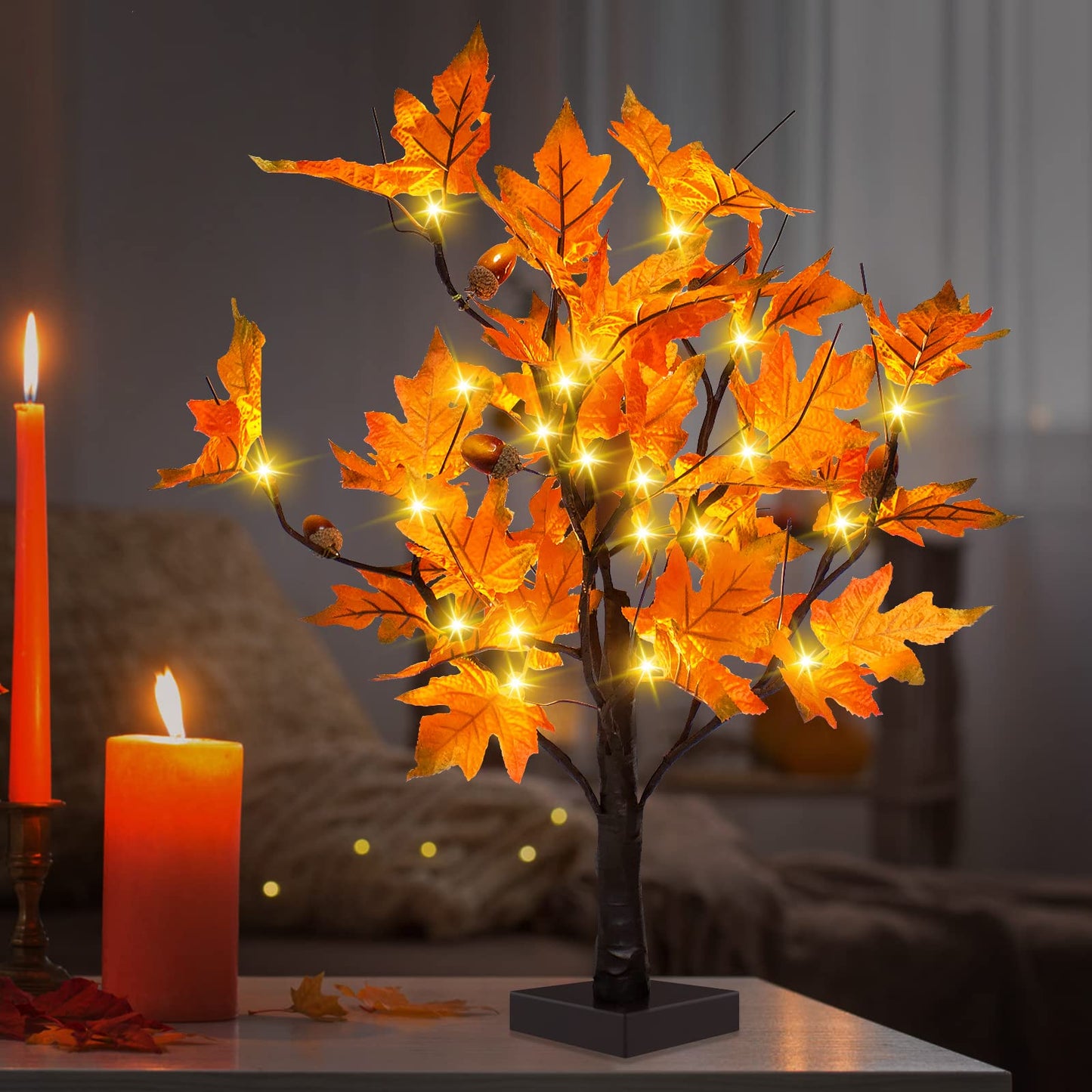 [2 Pack] 24-inch Fall Lighted Maple Tree with Acorns, 48 LED Lights, Battery Operated Thanksgiving Table Centerpieces Decoration Artificial Tree for Home Fireplace Autumn Harvest Tabletop Indoor Decor