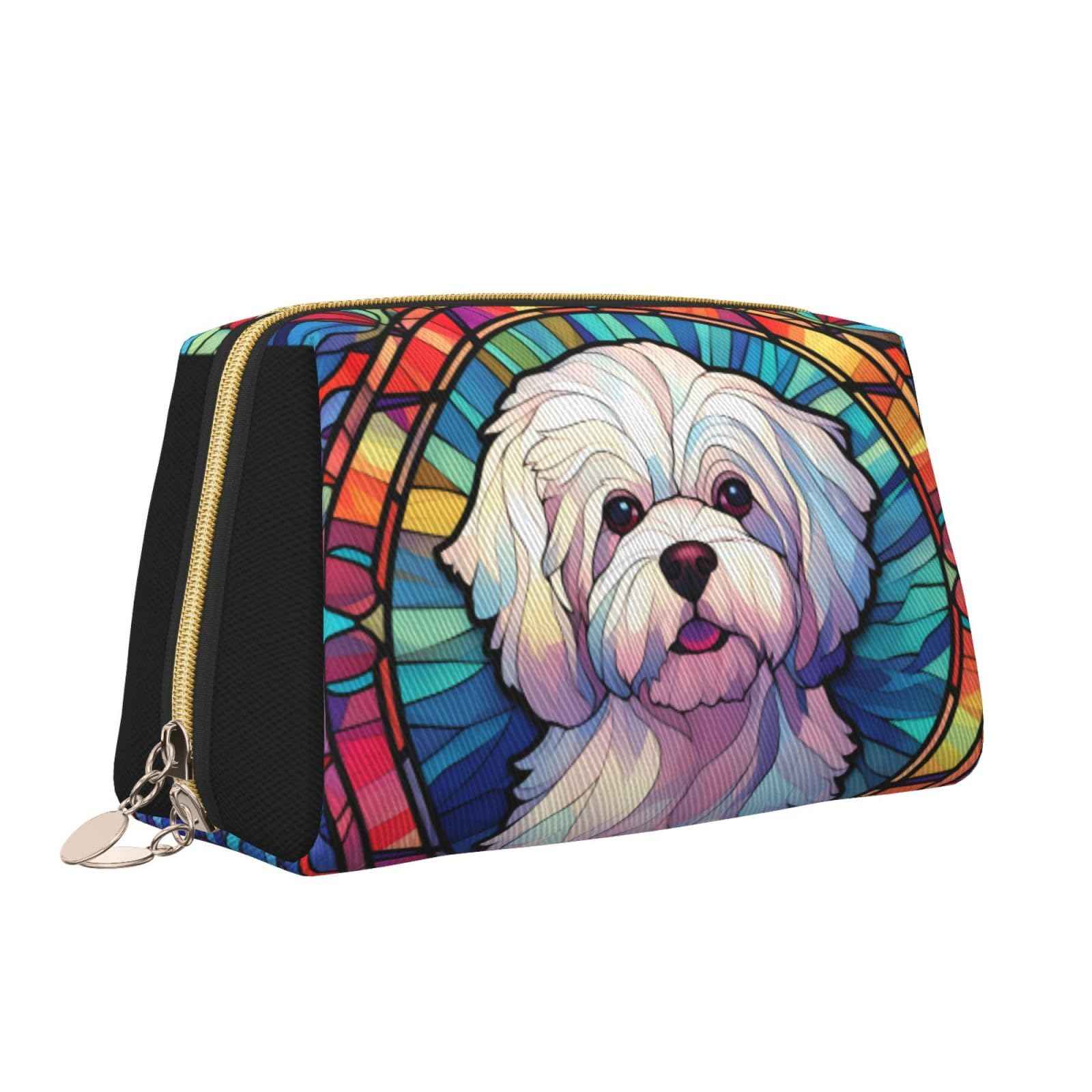 Novgift Maltese Stained Dog Breed Glass Art Leather Makeup Bag Travel Cosmetic Bag For Women Large Capacity Makeup Pouches
