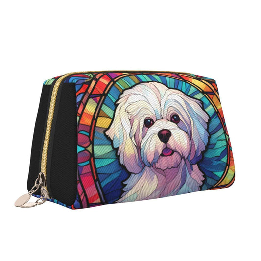 Novgift Maltese Stained Dog Breed Glass Art Leather Makeup Bag Travel Cosmetic Bag For Women Large Capacity Makeup Pouches
