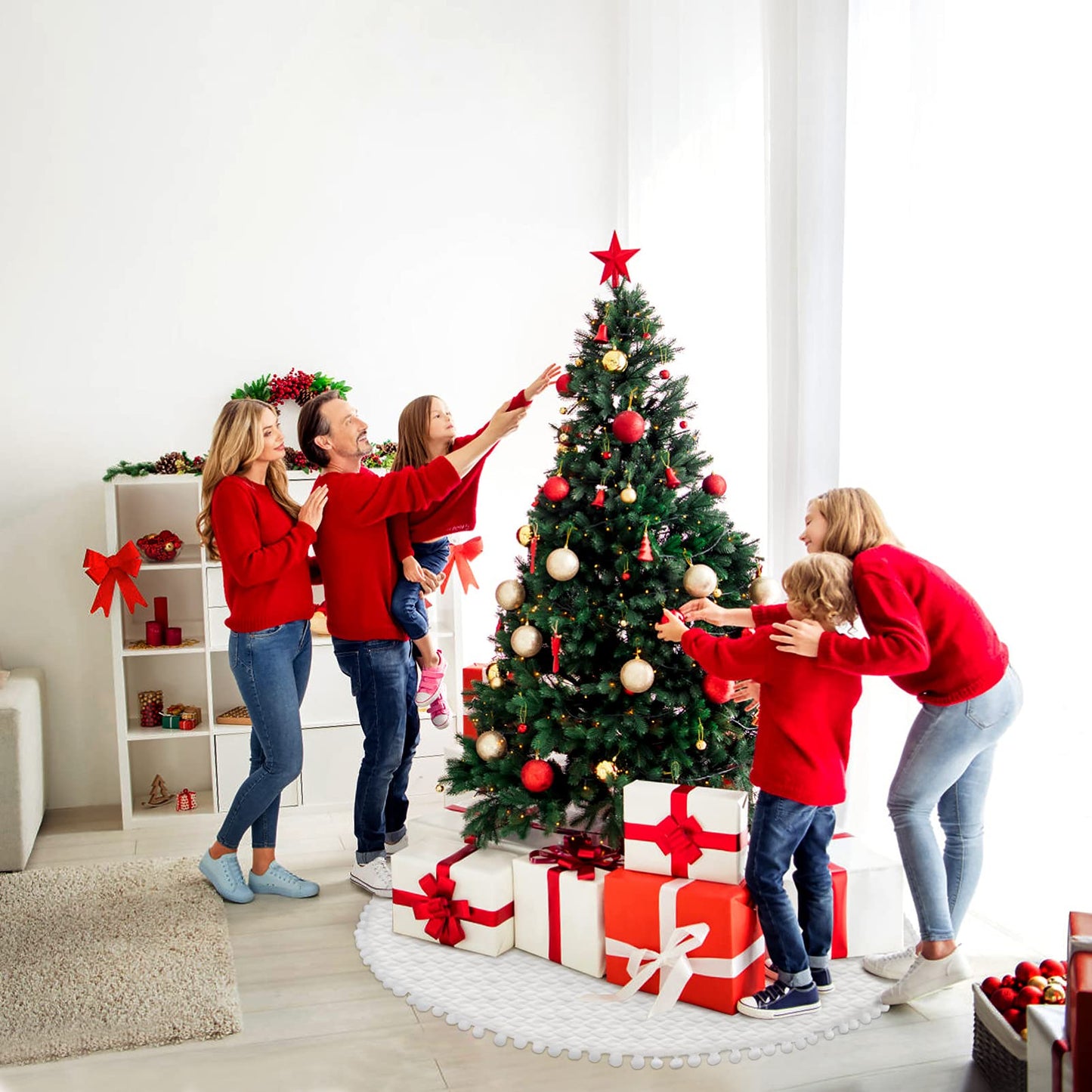 IMIKEYA Christmas Tree Skirt, 36 inches Luxury Faux Fur Christmas Tree Skirt, Beige Christmas Xmas Tree Skirt with Hand-Sewn Pompoms, Soft Thick Plush Tree Skirt for Christmas Tree Decorations…