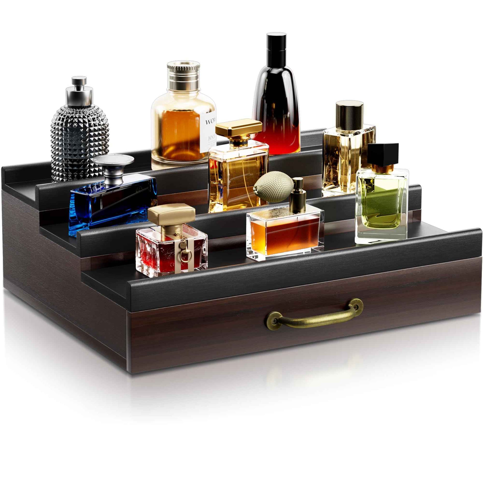 YIKIBOX Cologne Organizer for Men,Wooden Perfume Organizer with Hidden Compartment and Drawer,Cologne Stand and Storage Display Risers for Dresser,Great Gift for Men/Friend（DarkBrown）