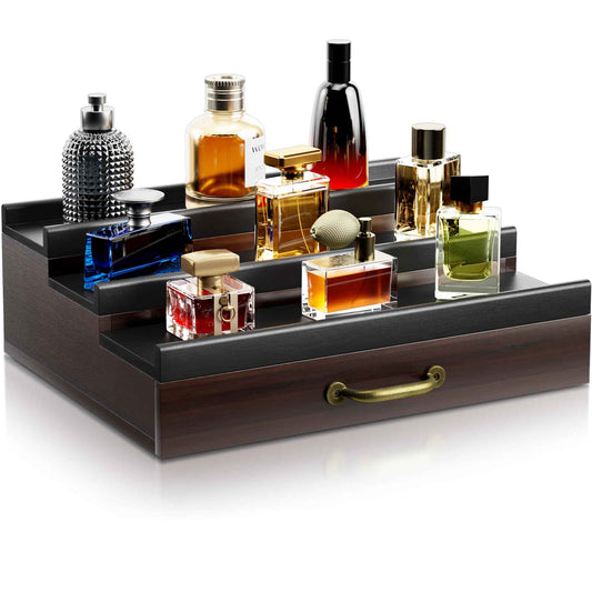 YIKIBOX Cologne Organizer for Men,Wooden Perfume Organizer with Hidden Compartment and Drawer,Cologne Stand and Storage Display Risers for Dresser,Great Gift for Men/Friend（DarkBrown）