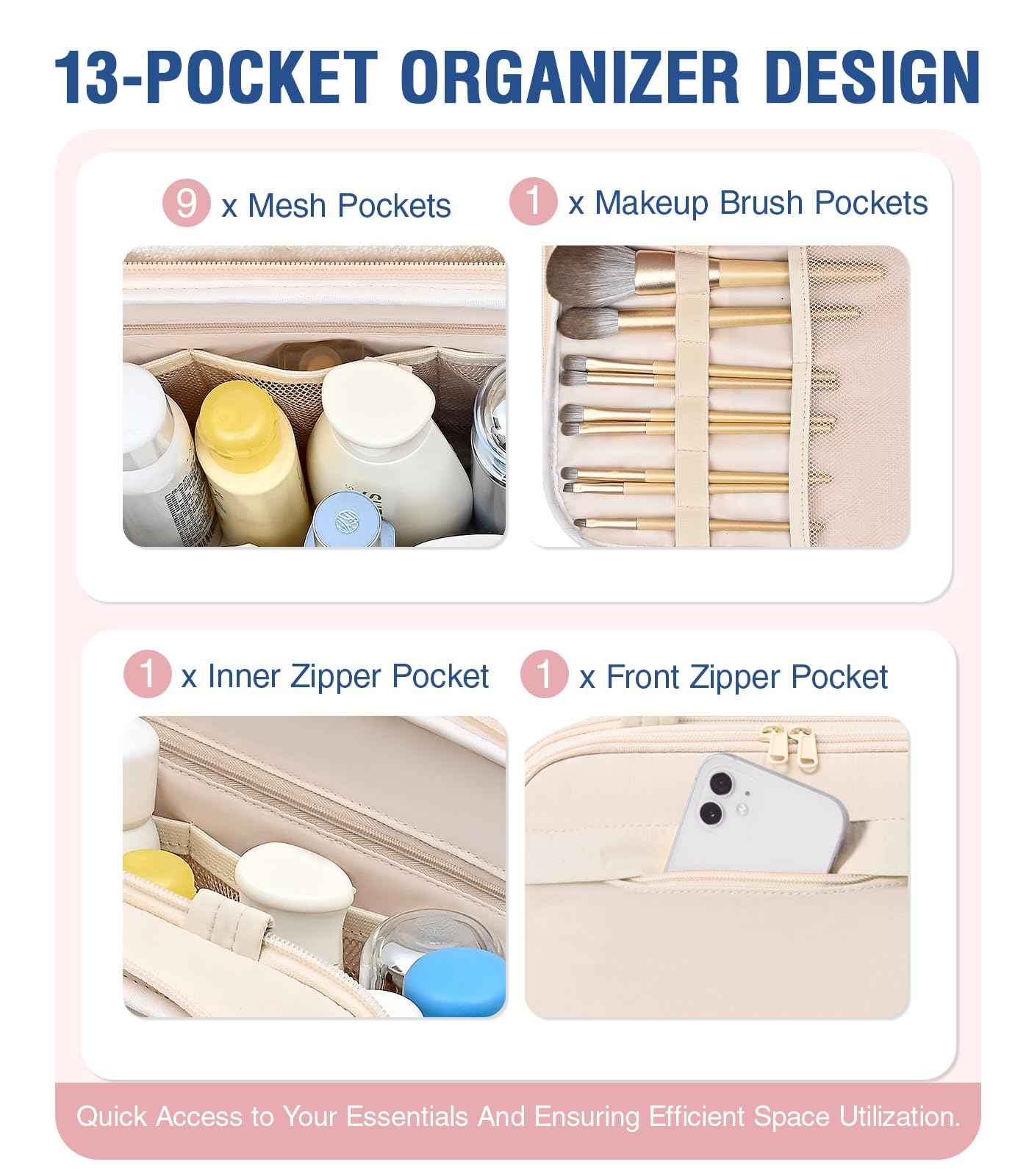 Hairao Travel Toiletry Bag, Lightweight Large Wide-open Toiletry Bag for Women, Puffy Makeup Bag with Handle, Carry-on Wet and Dry Travel Cosmetic Bag For Accessories, Essentials, Toiletries, Beige